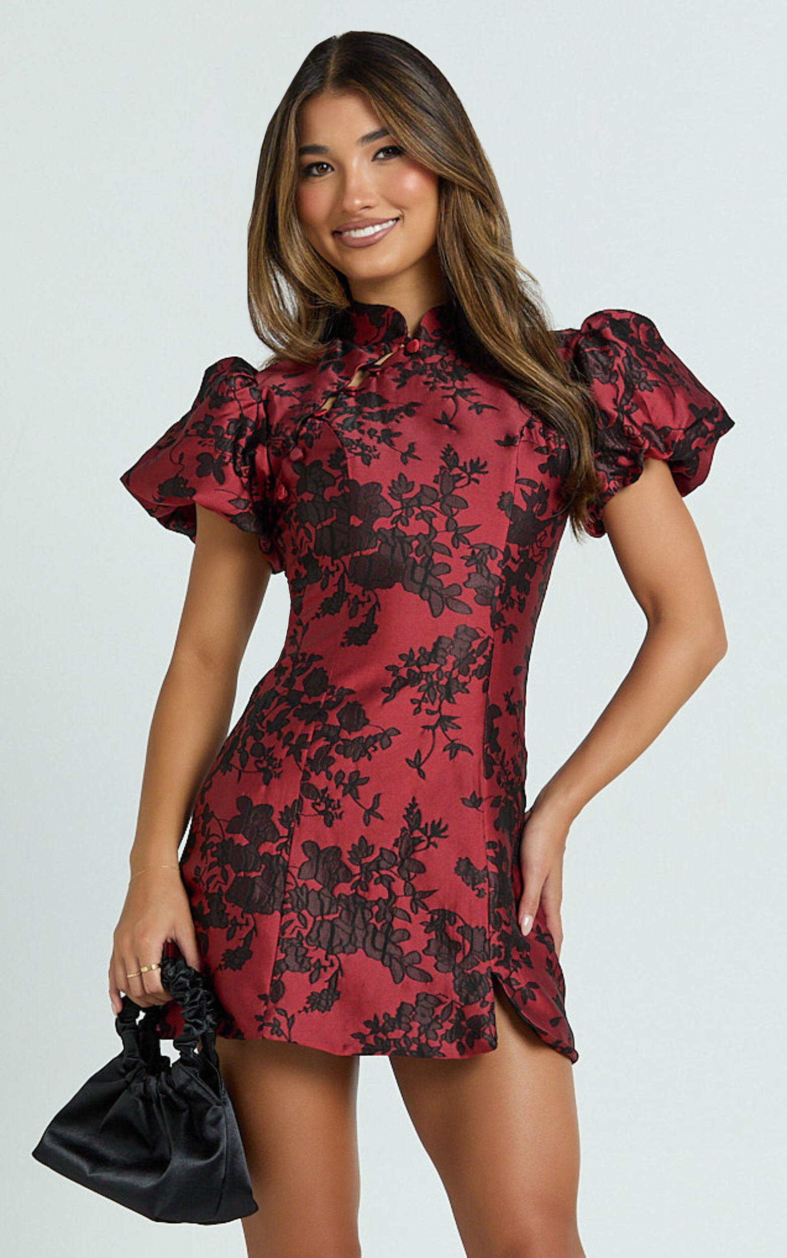 Mackay Mini Dress - Jacquard High Neck Puff Sleeve Dress in Red