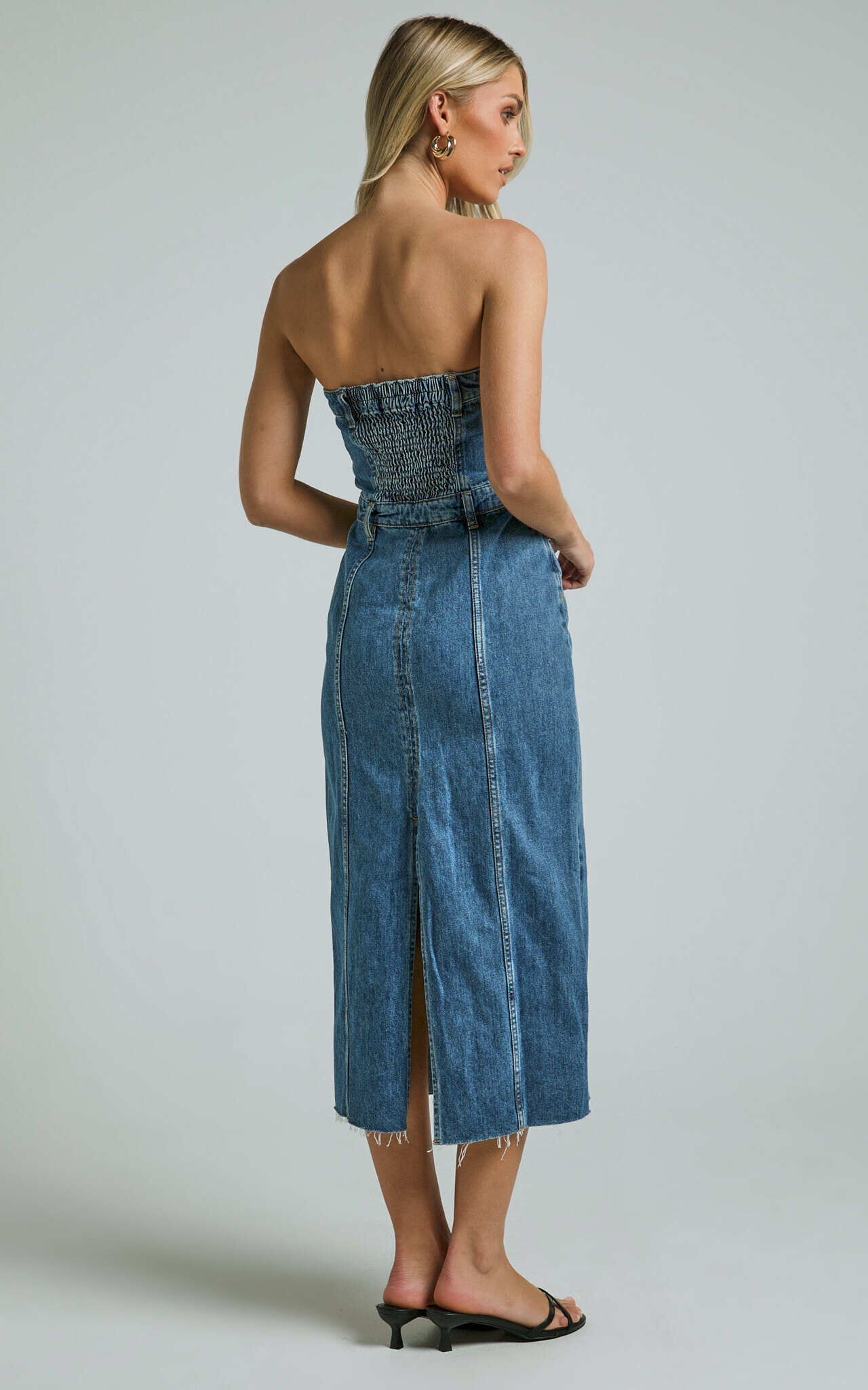 Keyla Midi Dress - Denim Strapless Button Front Shirred Back in Mid Blue Wash