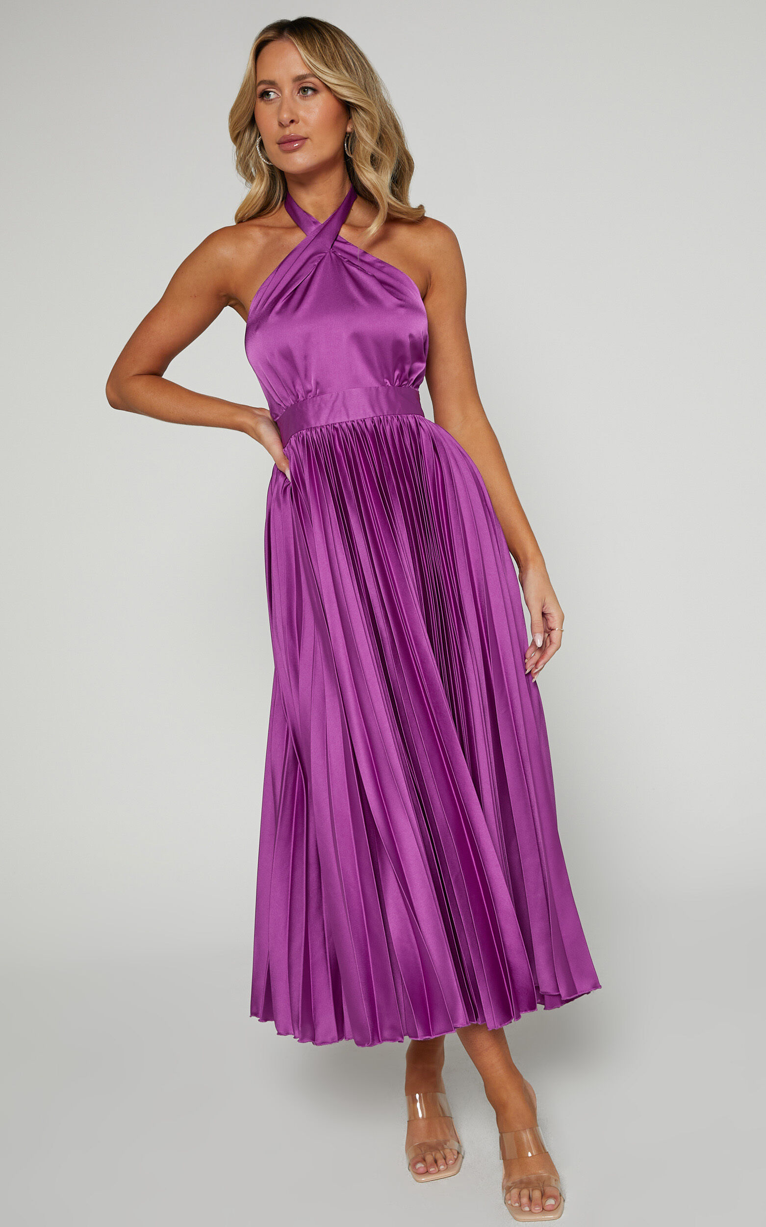 Eloise Midi Dress - Halter Neck Pleated Dress in Grape