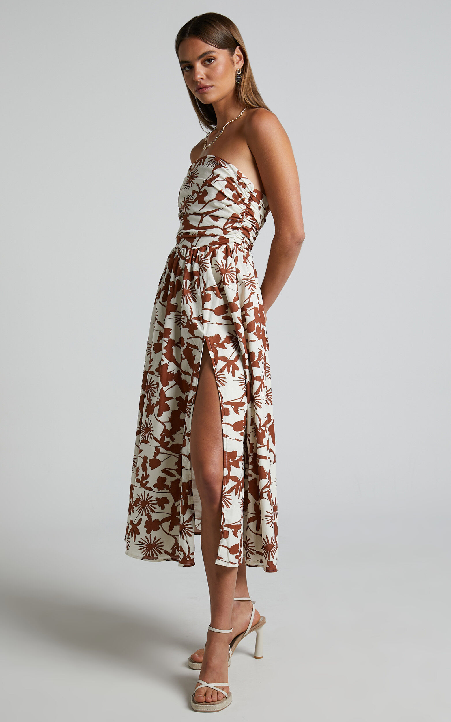 Evita Midi Dress - Ruched High Split Strapless Dress in Multi