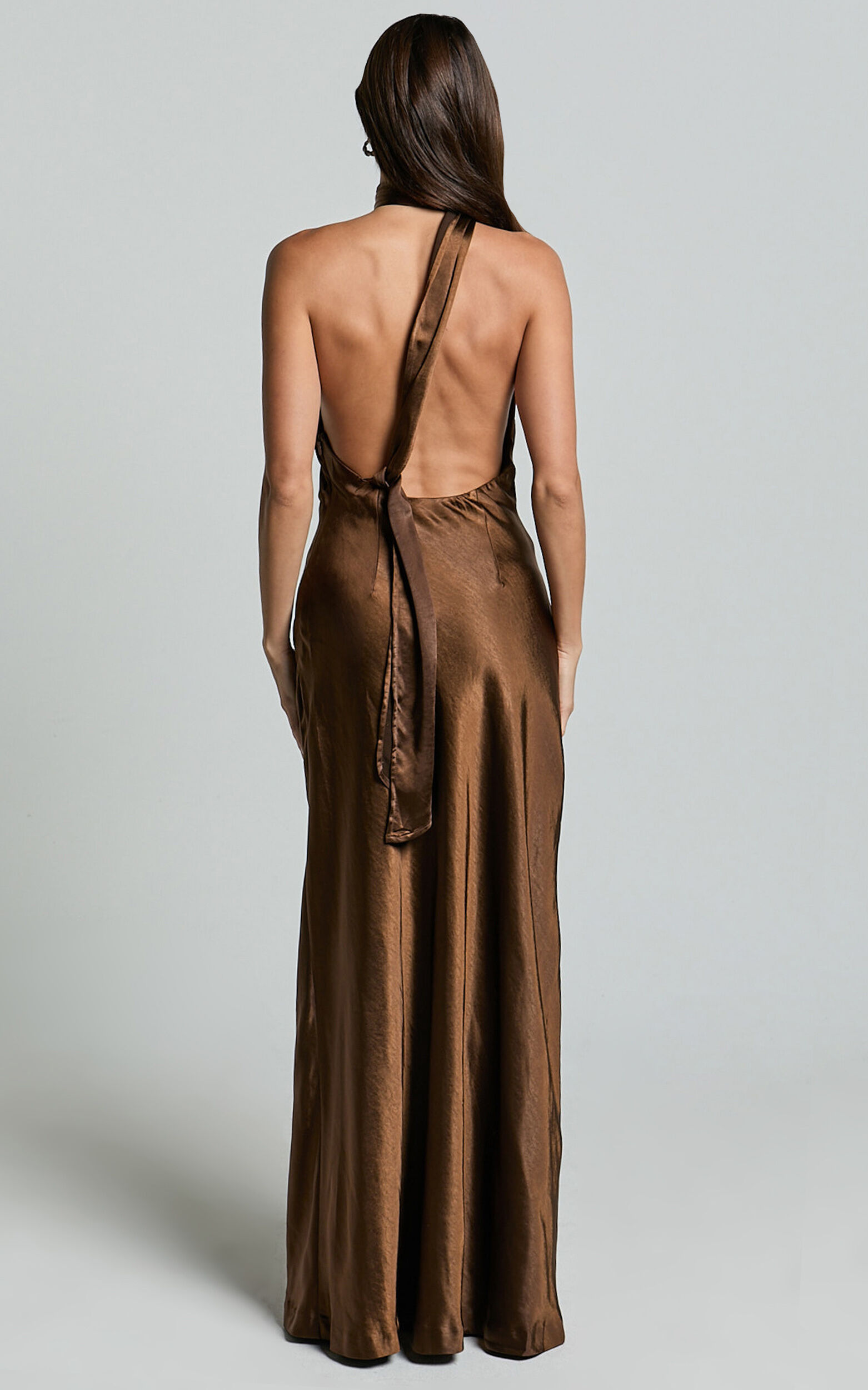Ryan Maxi Dress - Tie Neck One Shoulder Dress in Chocolate