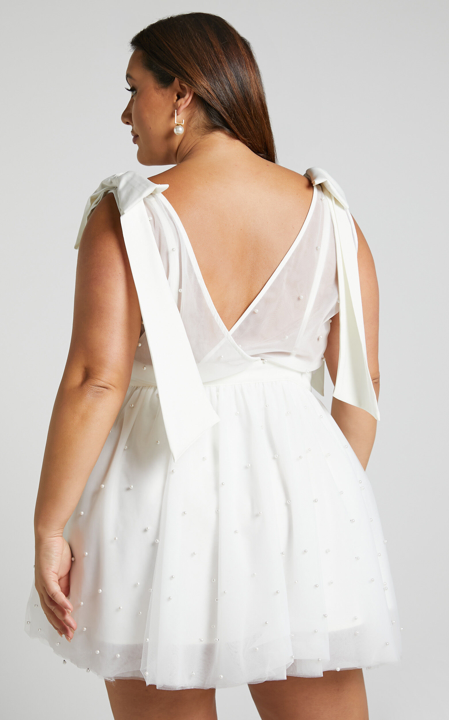 Karalyn Mini Dress - Bow Strap Plunge Pearl Detail Dress in White