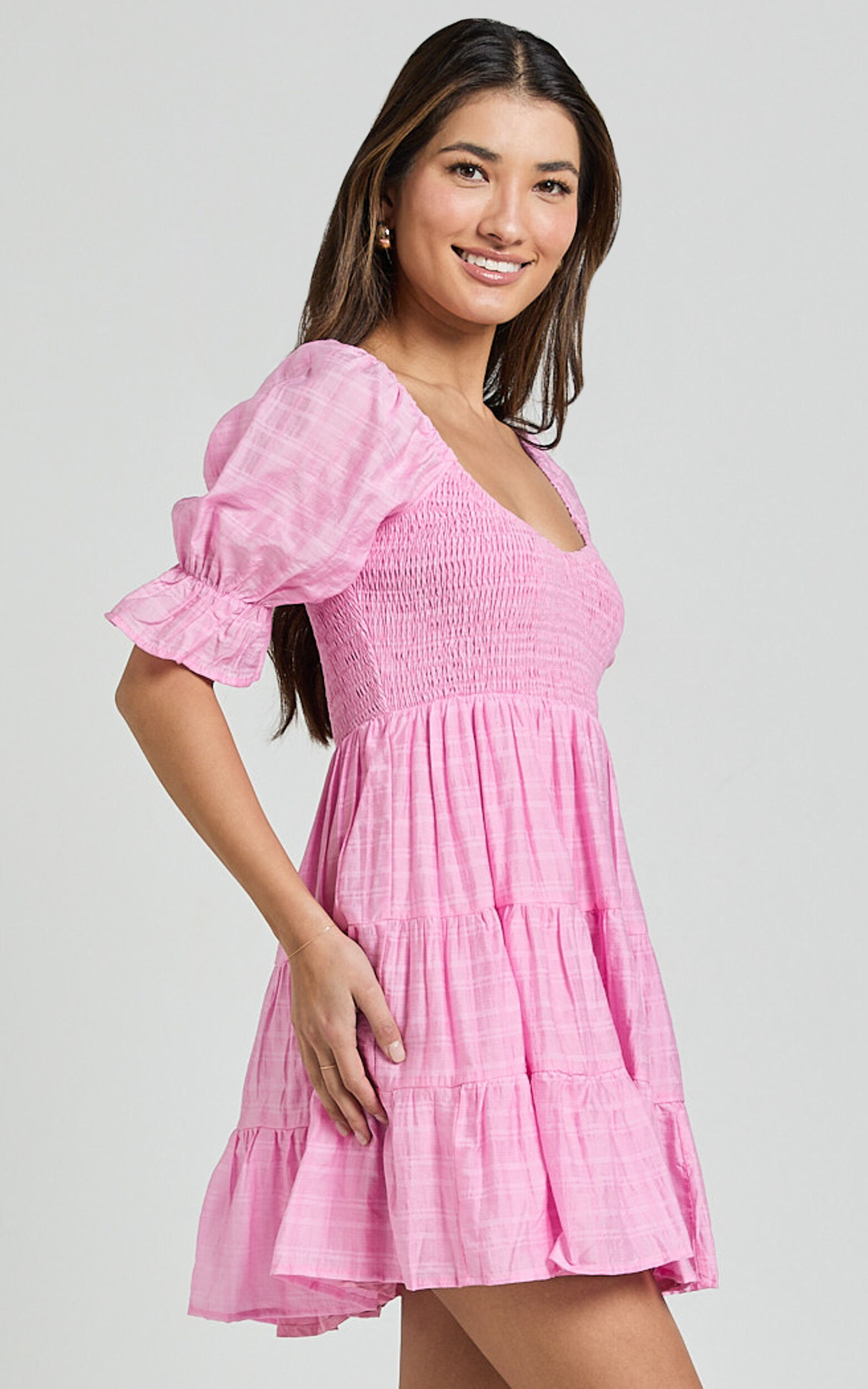 Britany Mini Dress - Shirred Puff Sleeve Tiered Dress in Pink