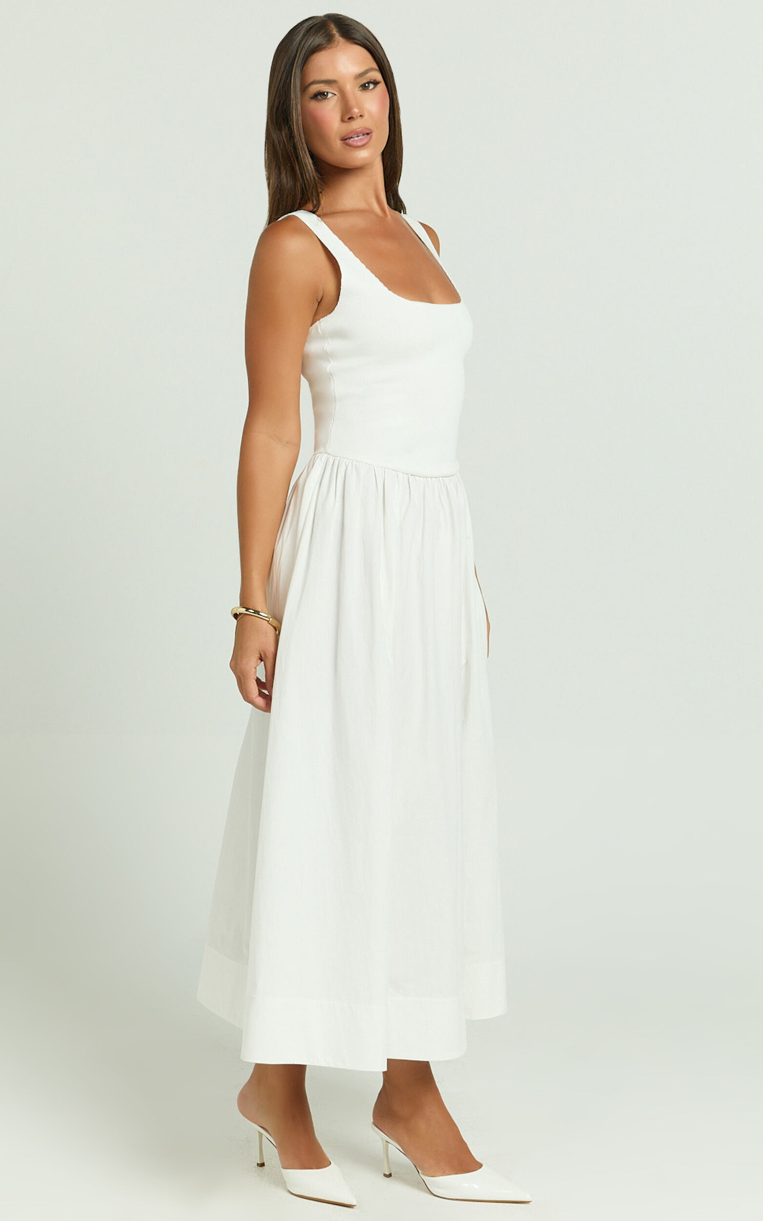 Murphy Midi Dress - Scoop Neck Straight Drop Waist Gathered Skirt Knit And Poplin Dress in White
