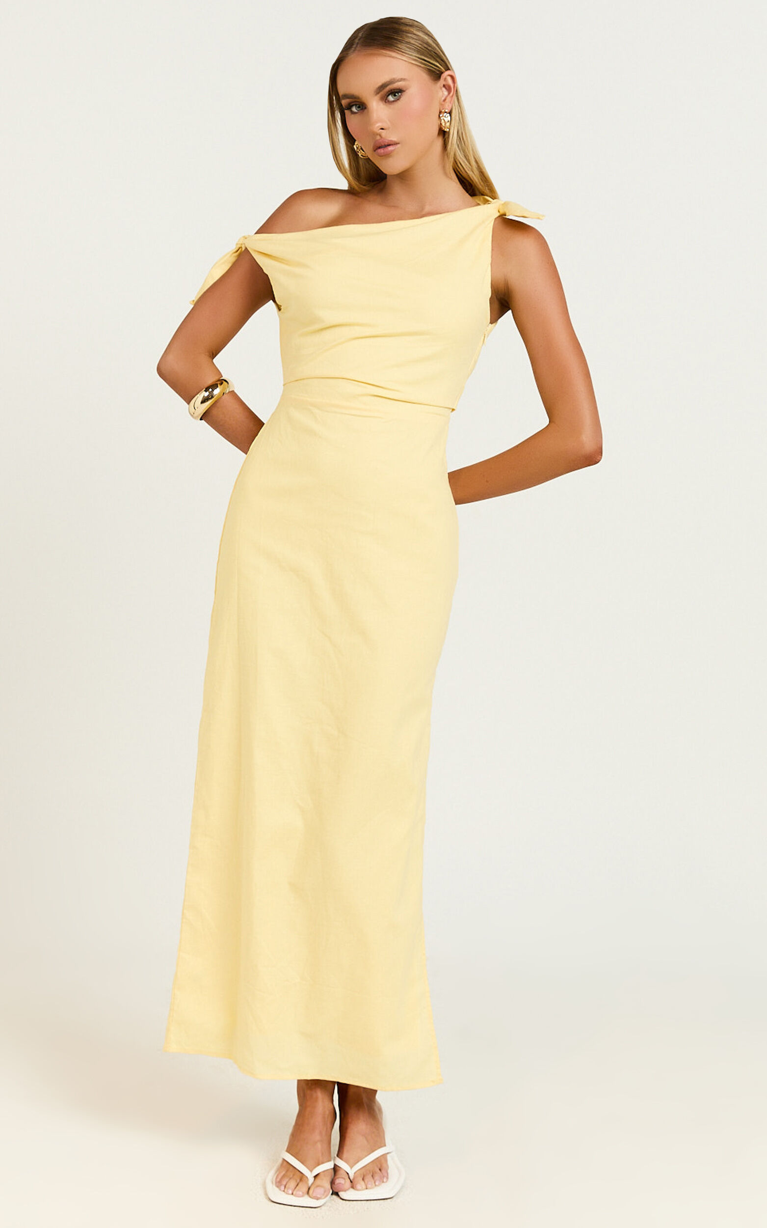 Cincinnati Midi Dress - Off The Shoulder Side Split Column Linen Dress in Lemon