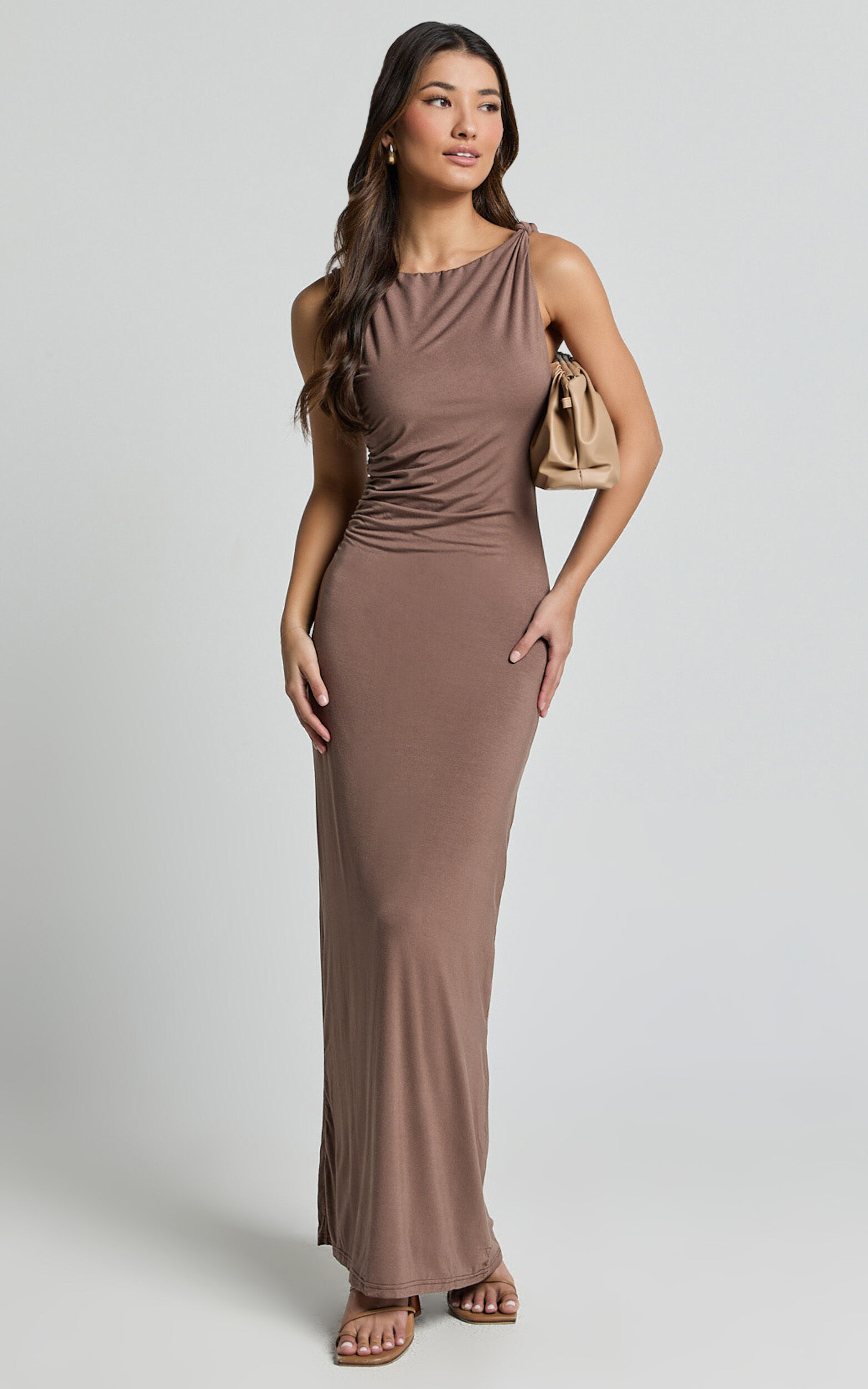 Aisha Maxi Dress - Sleeveless Twist Strap Bodycon Dress in Chocolate