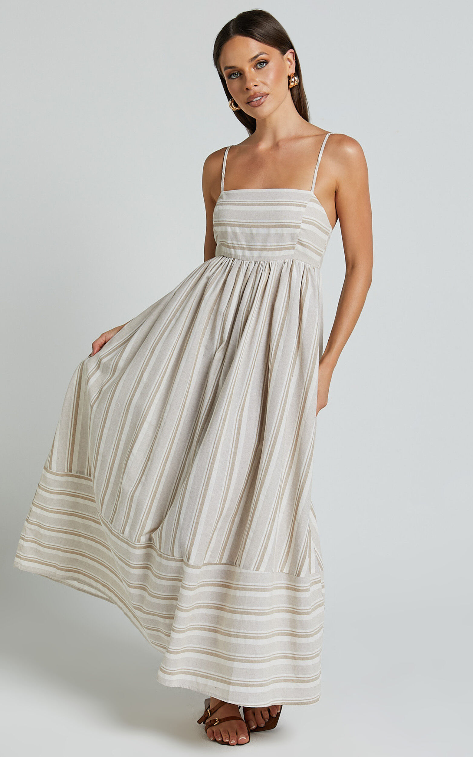 Katheryn Midi Dress - Strappy Straight Neck A Line Gathered Dress in Beige and Natural Stripe