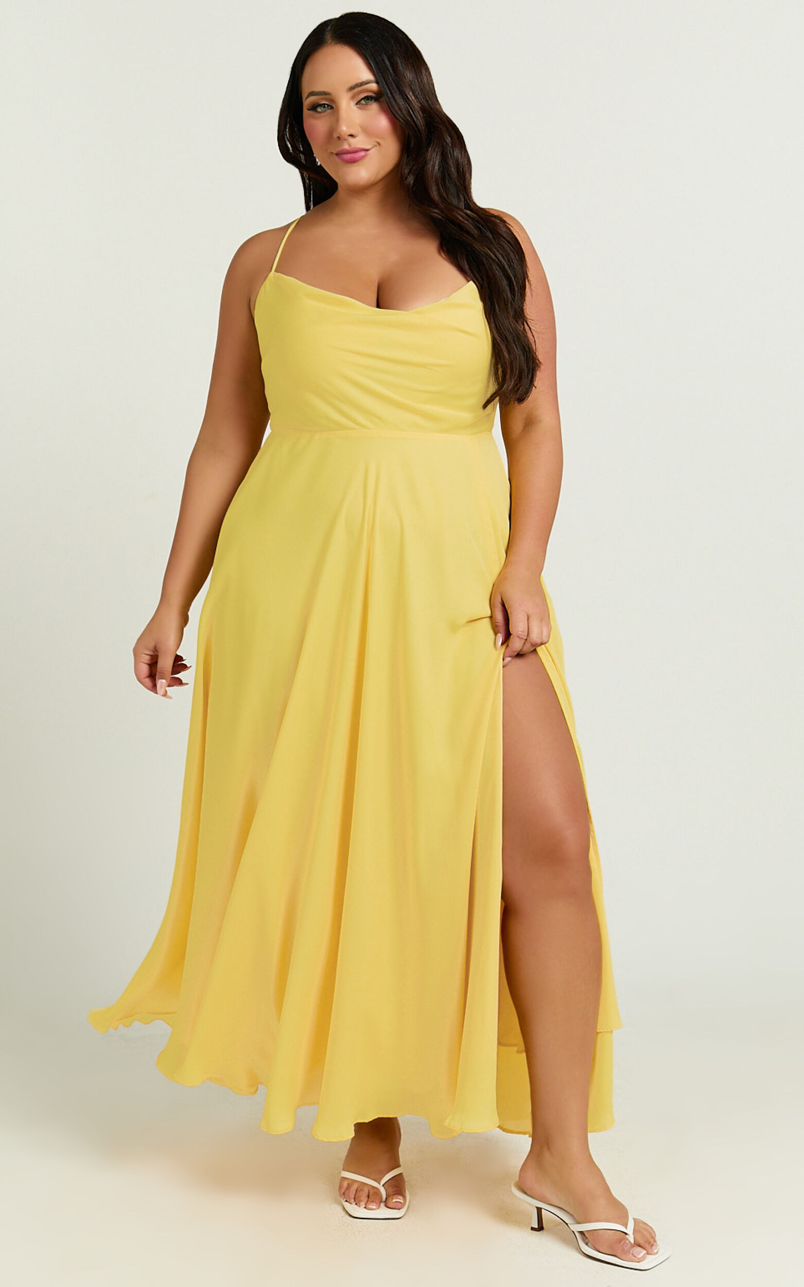 Celestine Midi Dress - Lace Up Back Cowl Neck Dress in Lemon