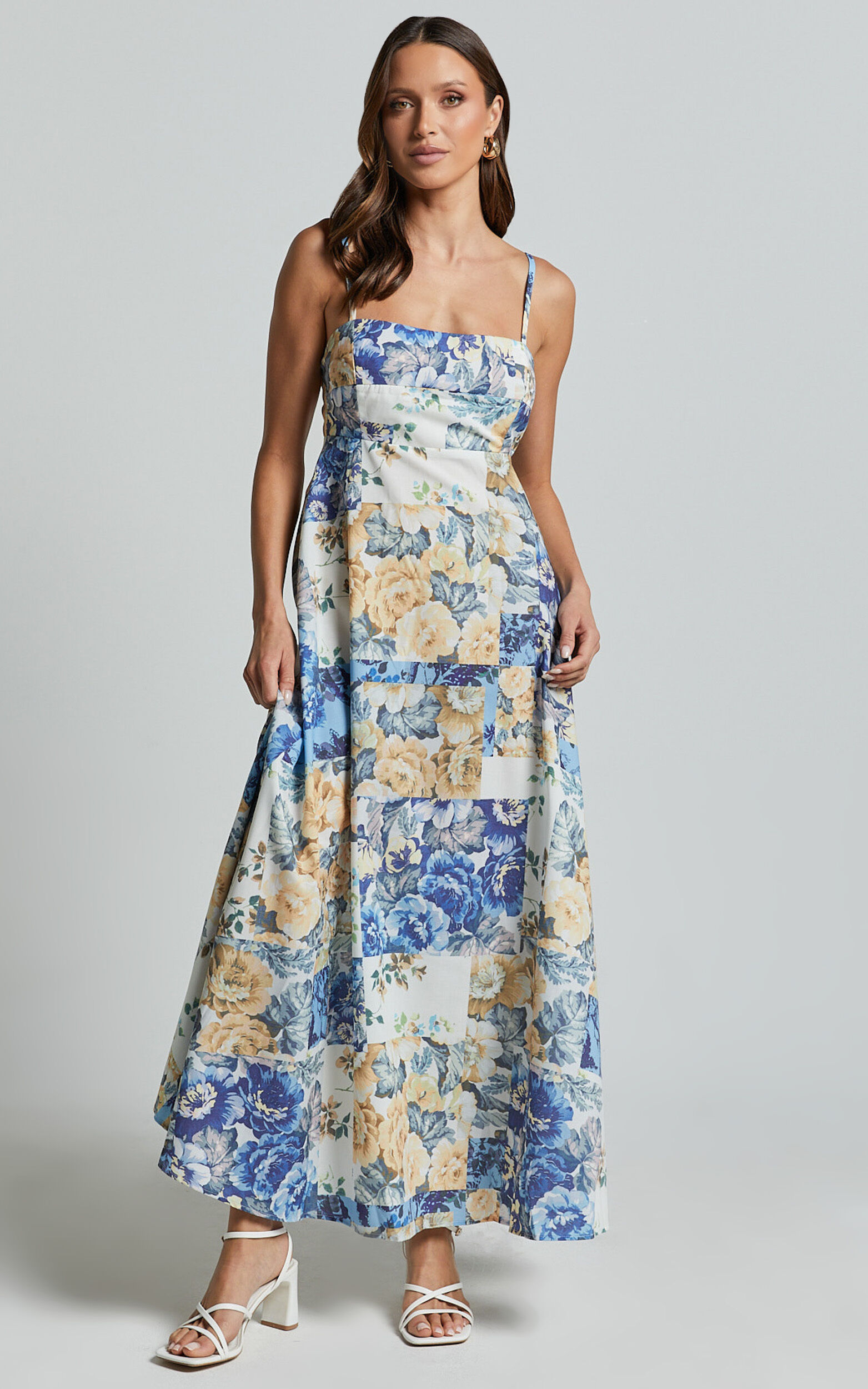 Olivia Midi Dress - Straight Neck Strappy A-Line Dress in Patchwork Floral