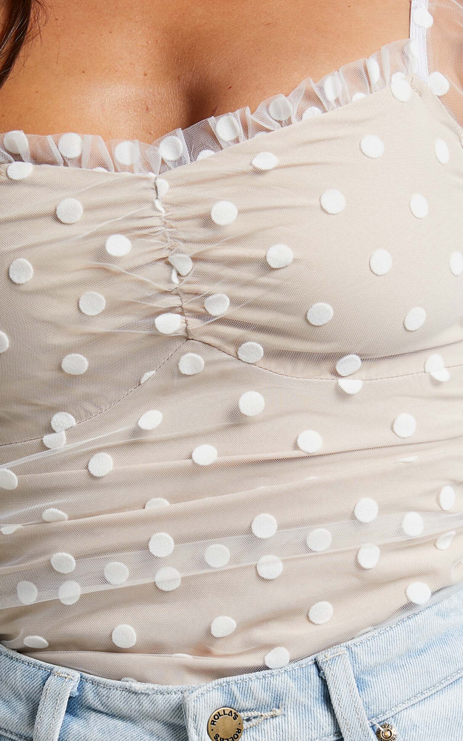 Venetia Bodysuit - Long Sleeve Spot Mesh Bodysuit in White Spot