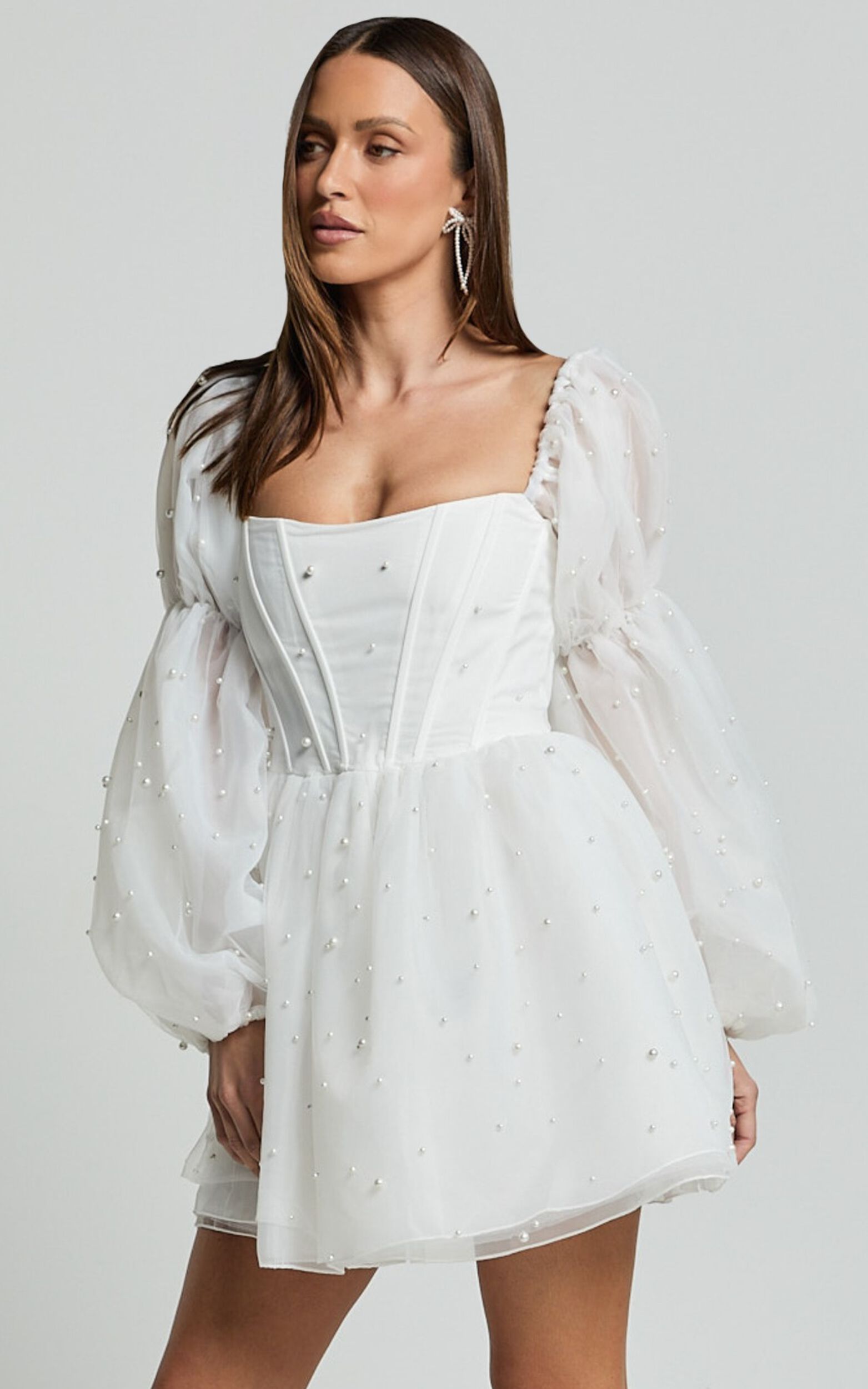 Ingrid Mini Dress - Long Puff Sleeve Pearl Detail Dress in White