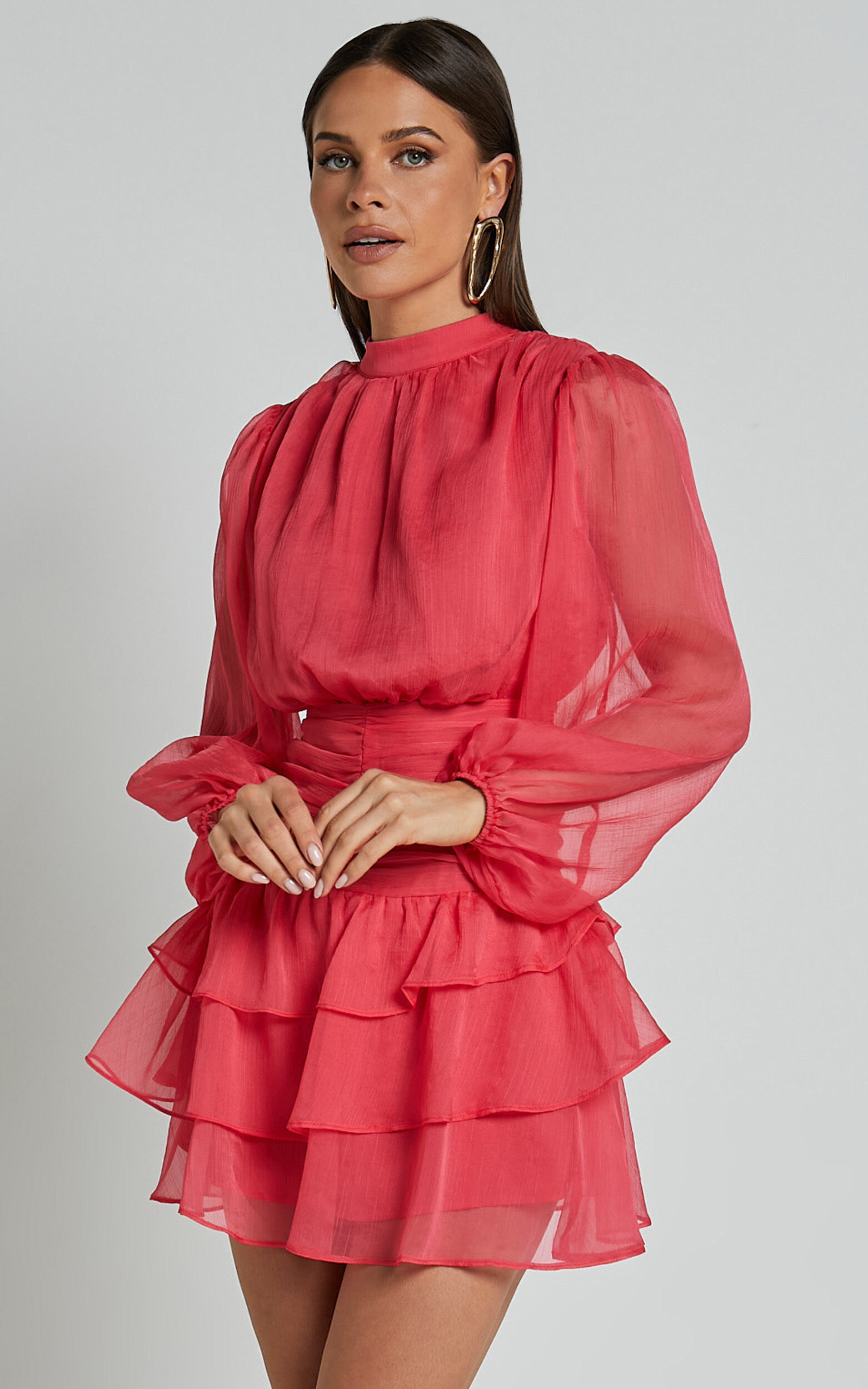 Charlize Mini Dress - High Neck Long Sleeve Layered Dress in Coral