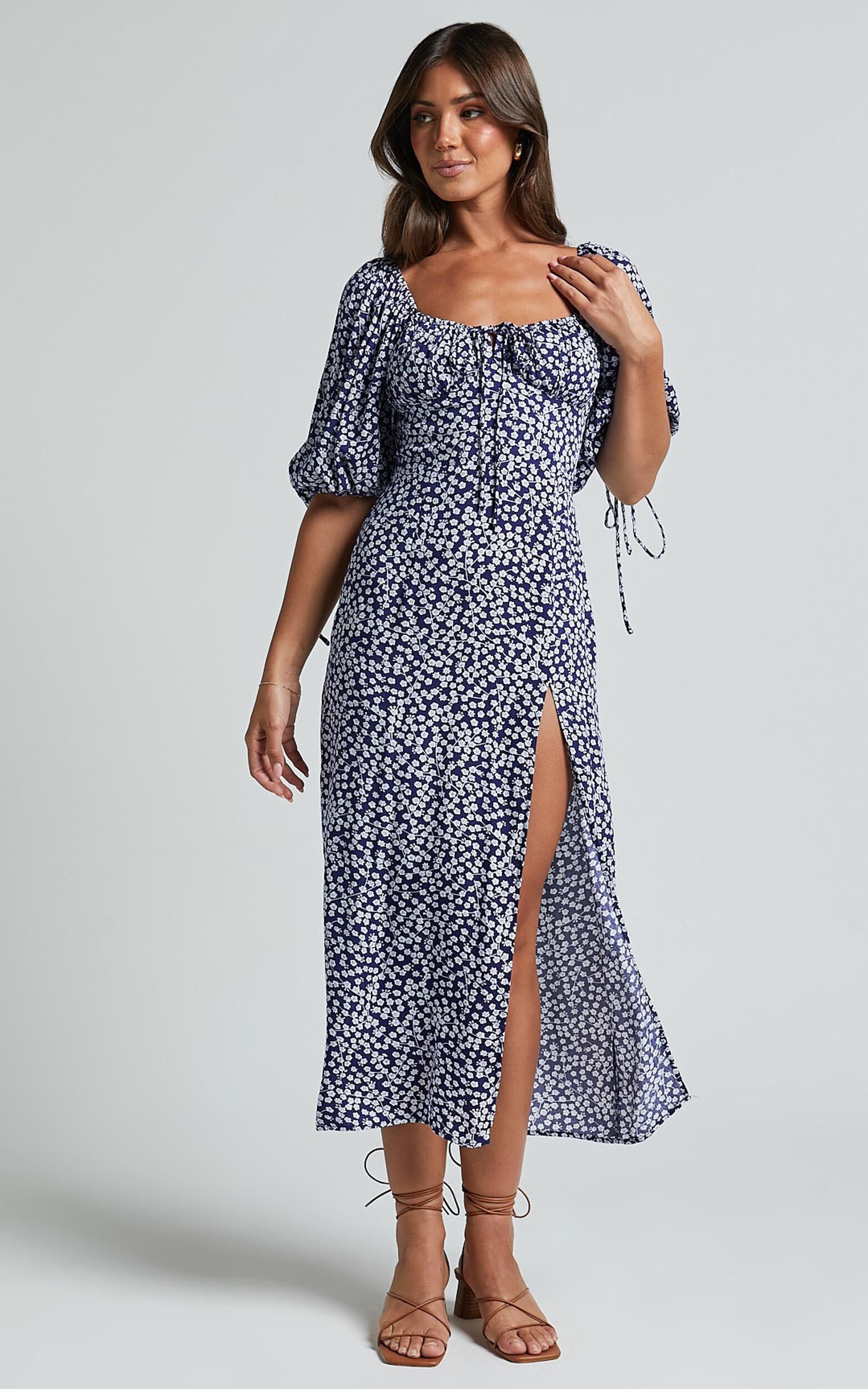 Rosario Midi Dress - Ruched Bust Puff Sleeve Dress in Blue Floral