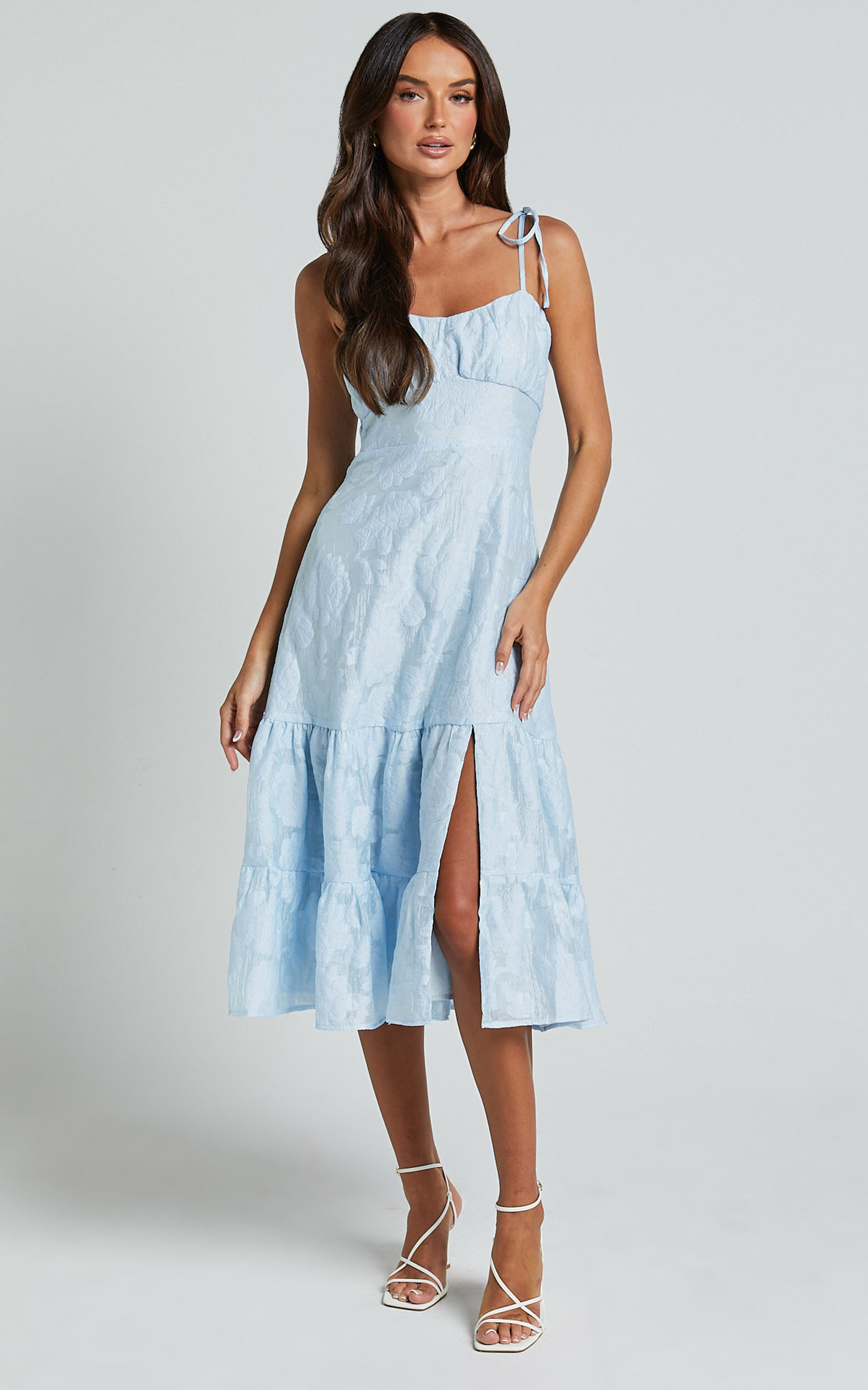 Jovena Midi Dress - Gathered Bodice Tiered Dress in Blue
