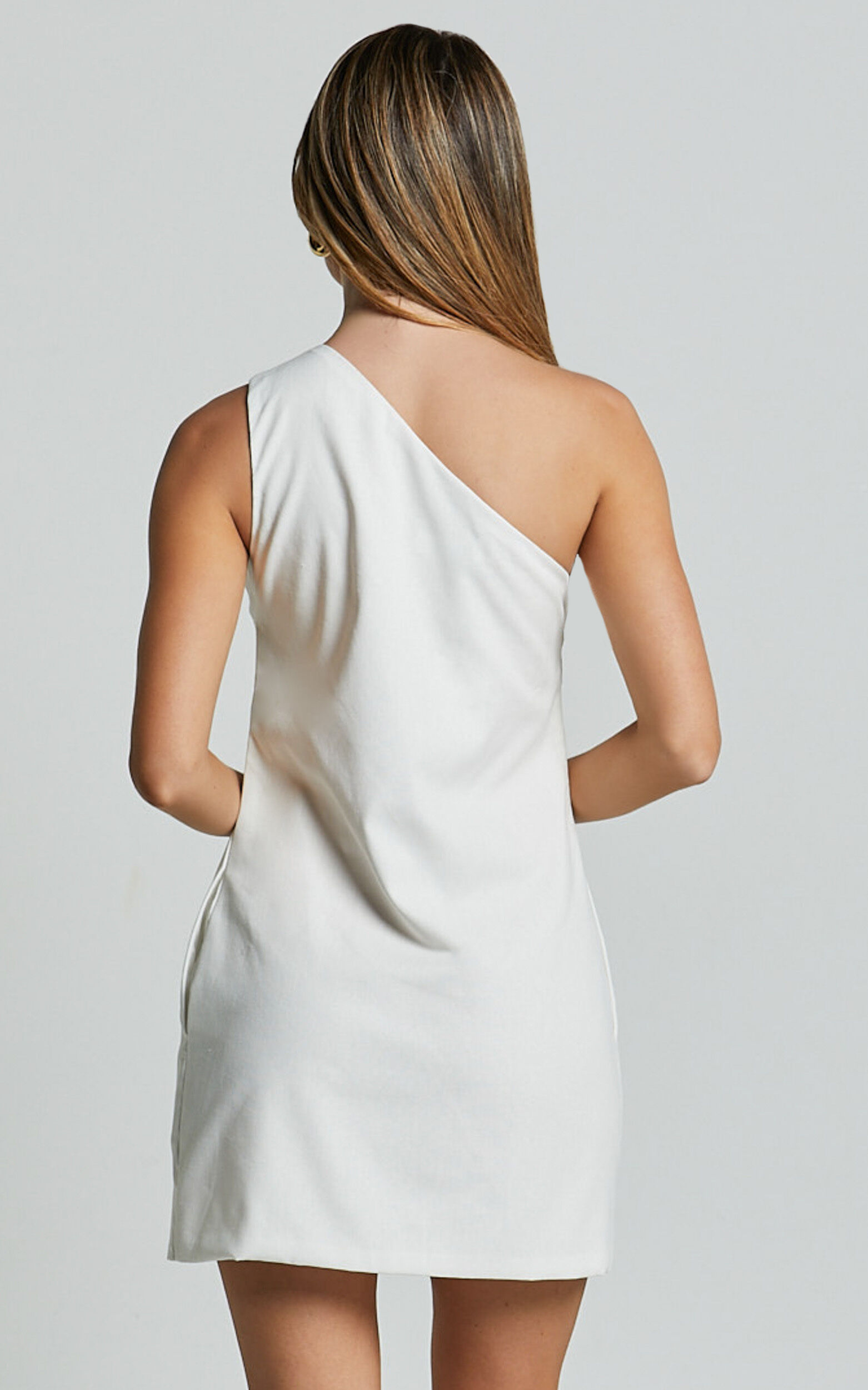 Mardelle Mini Dress - Linen One Shoulder Shift Dress in White