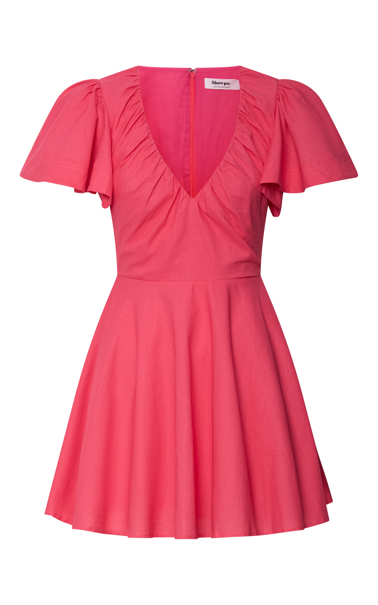 Carli Mini Dress - Linen Ruched Bodice Bell Sleeve Dress in Pink