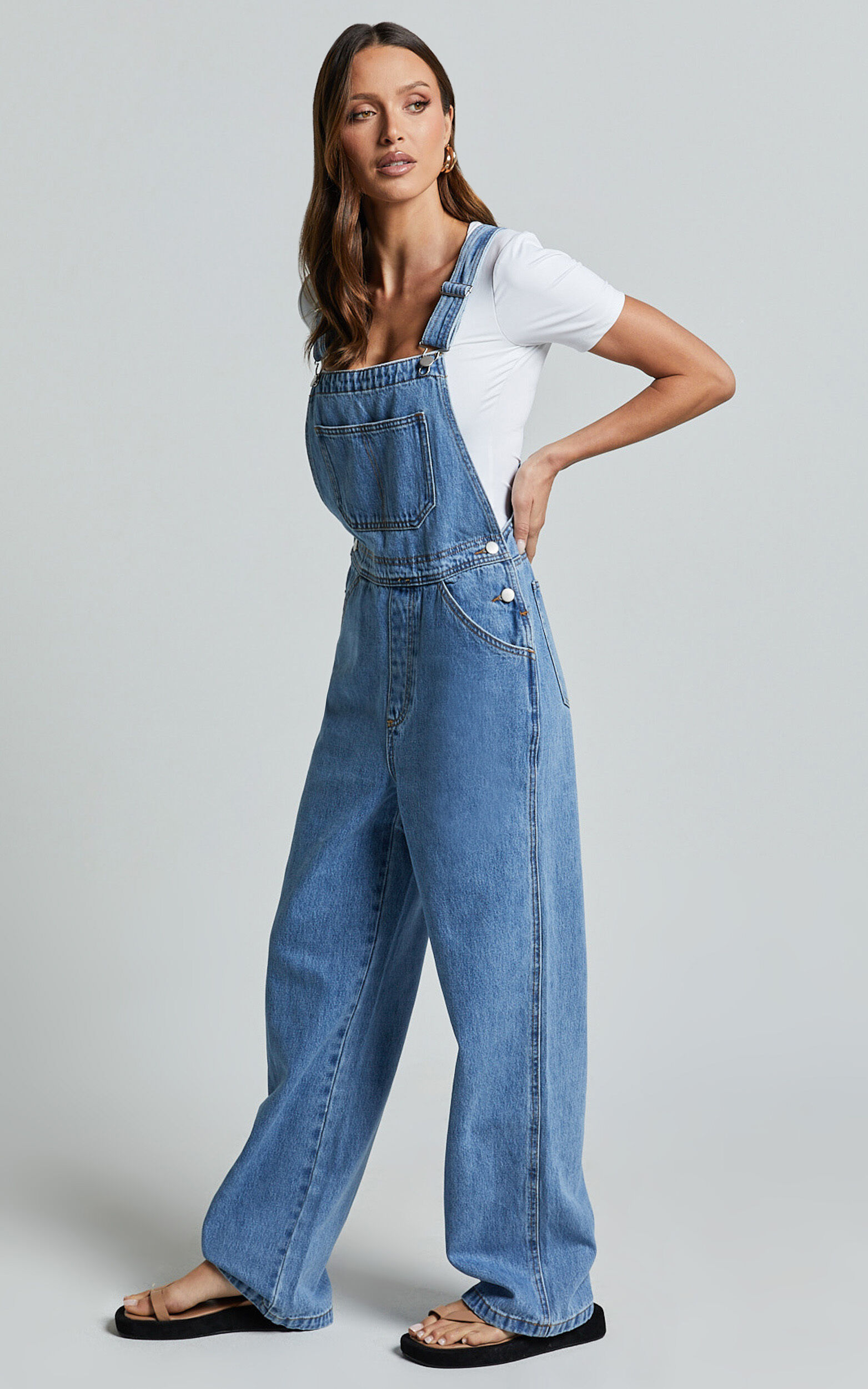 Brixton Jumpsuit - Straight Leg Denim Overalls in Mid Blue Wash