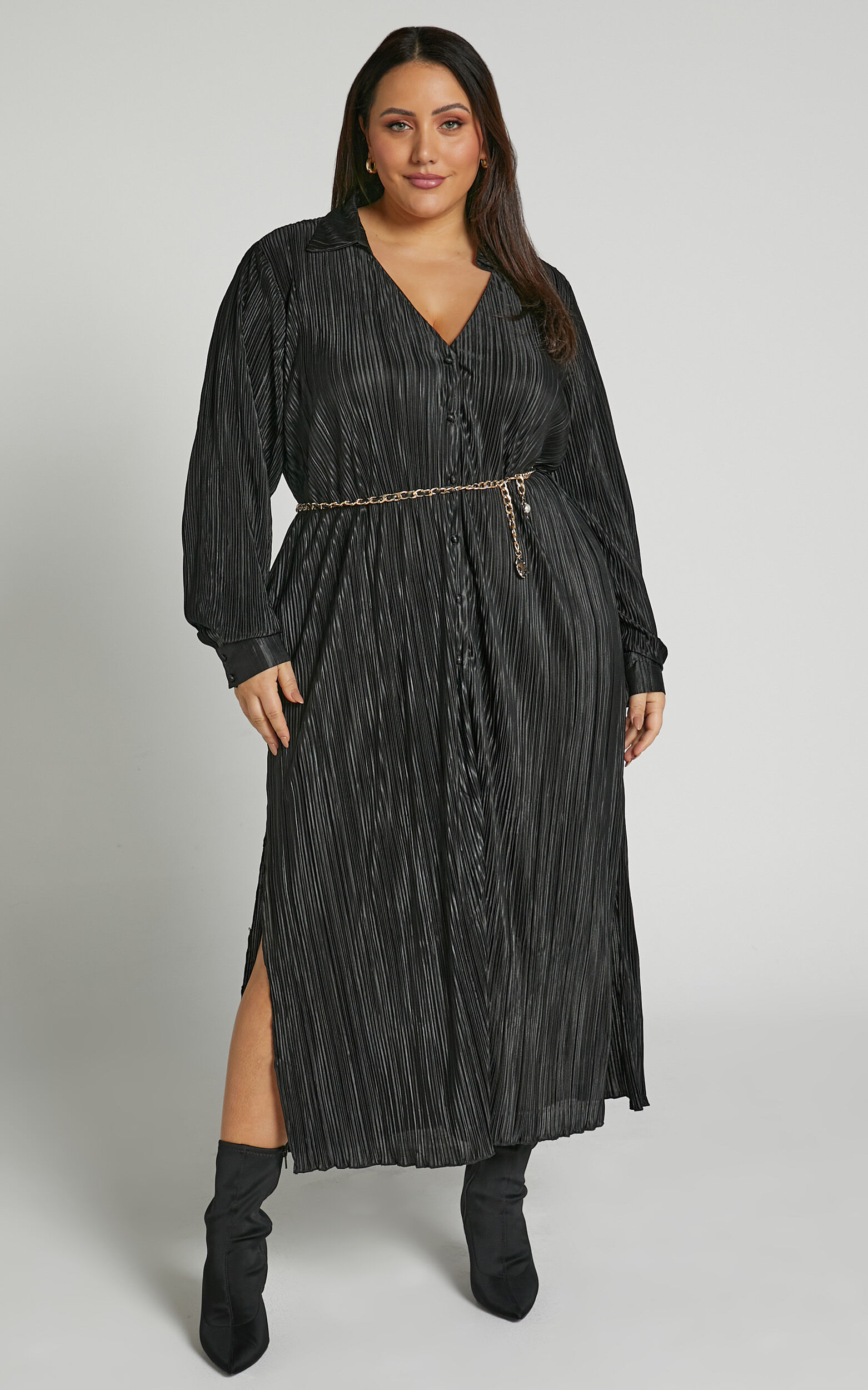 Donelli Midi Dress - Plisse Oversized Collared Shirt Dress in Black