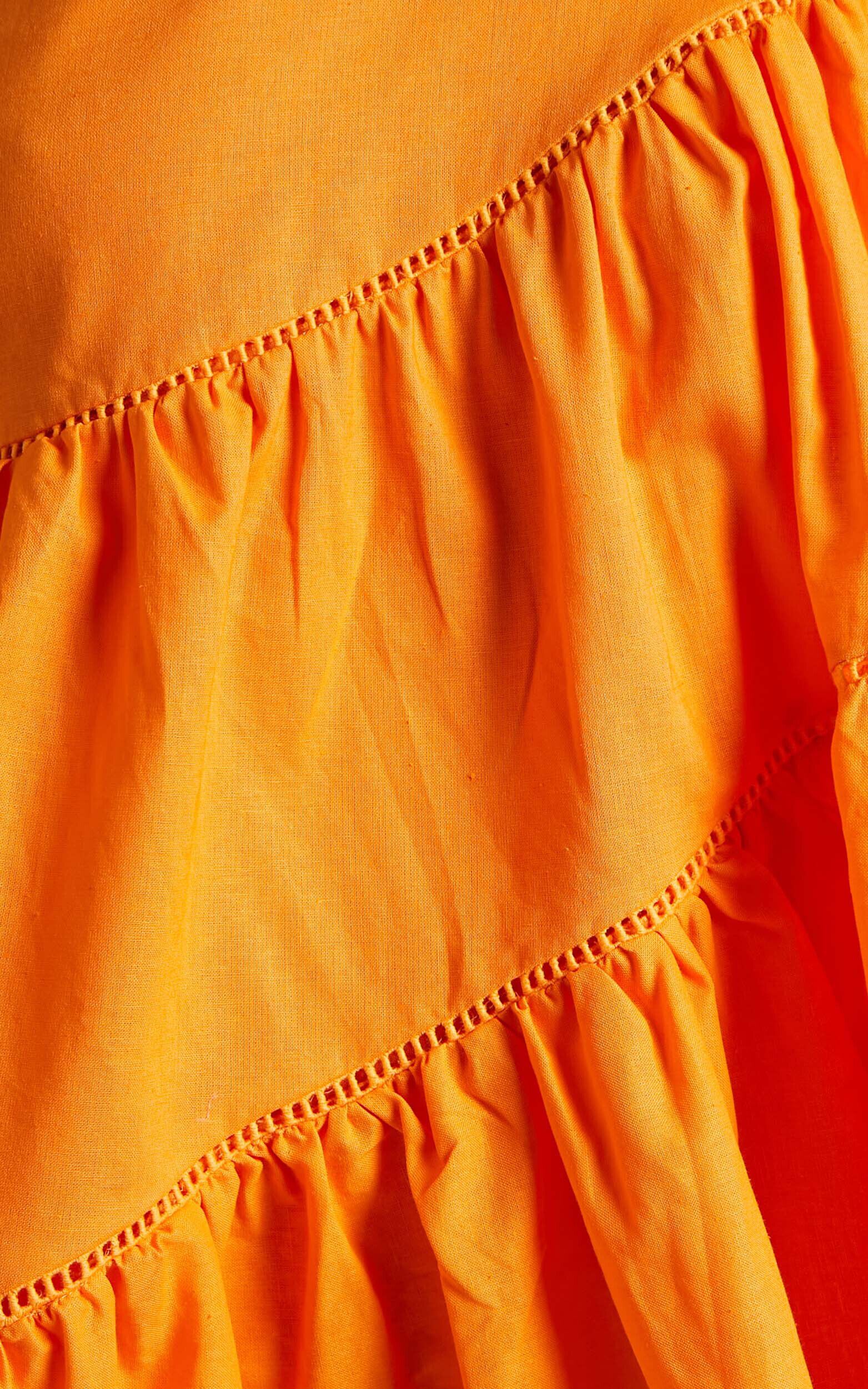 Harleen Mini Dress - Linen Asymmetrical Trim Puff Sleeve Dress in Orange