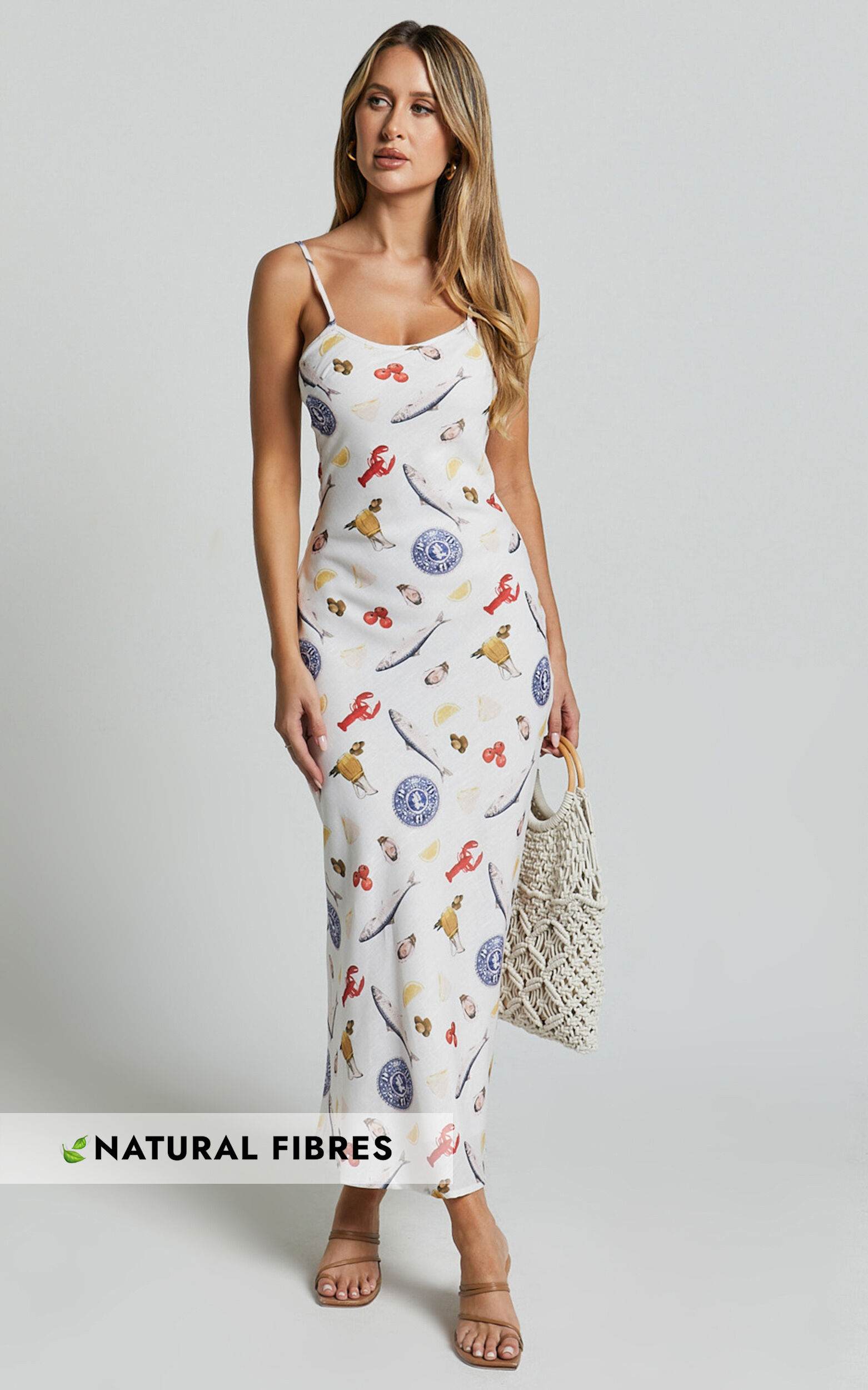 Jamilla Midi Dress - Bias Cut Linen Midi Slip Dress in Seaside Print