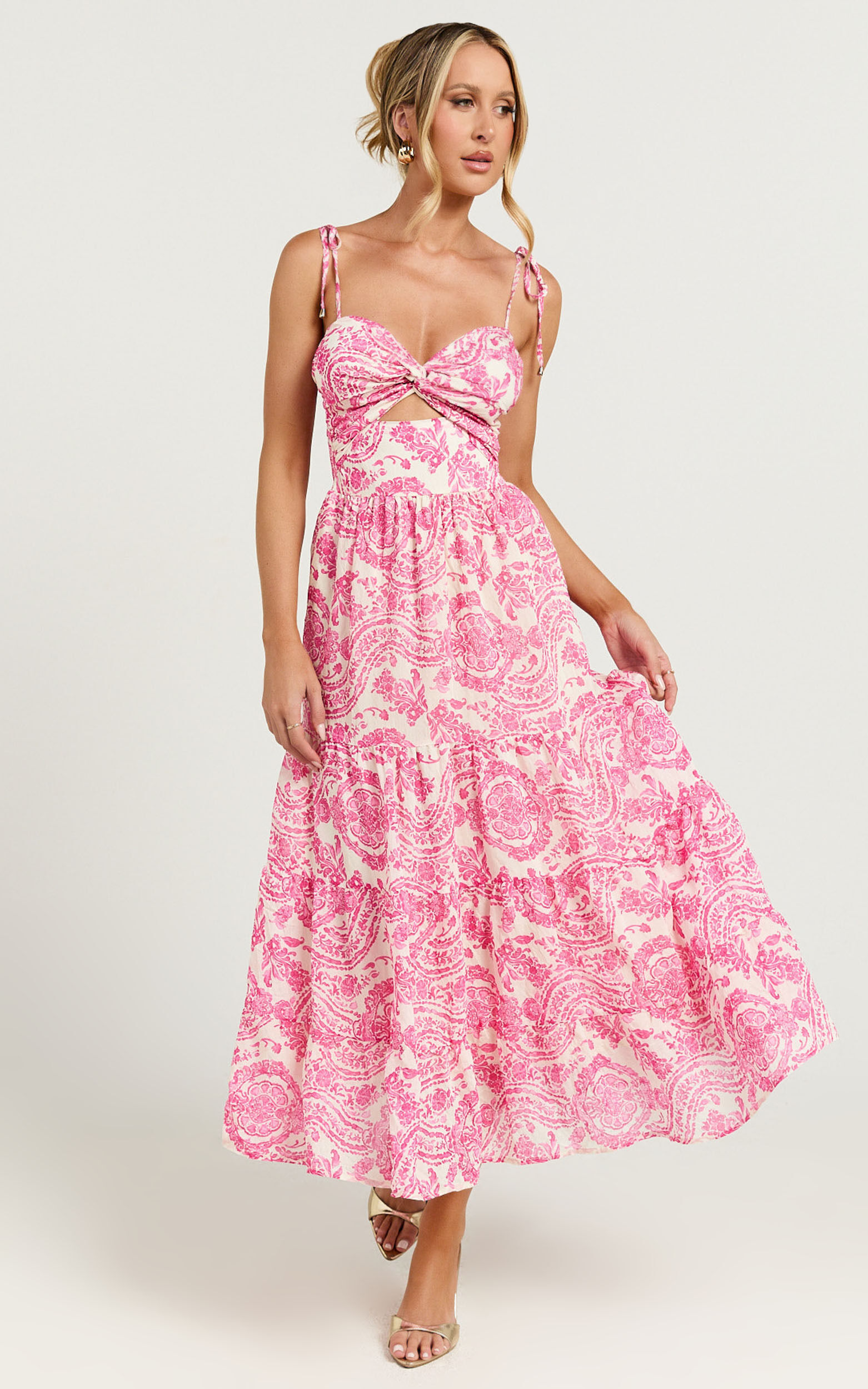 Esmeralda Midi Dress - Strappy Cut Out Tiered Dress in Pink Floral