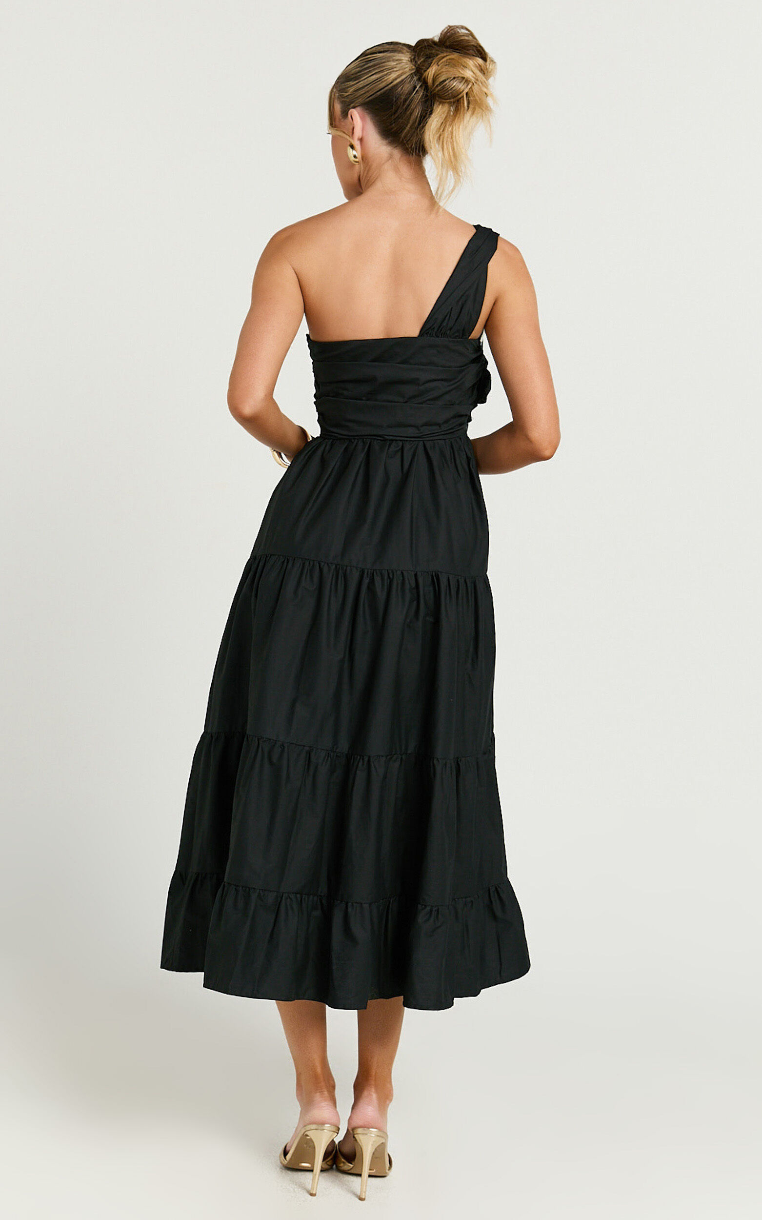 Stephanie Midi Dress - One Shoulder Tiered Midi Dress in Black