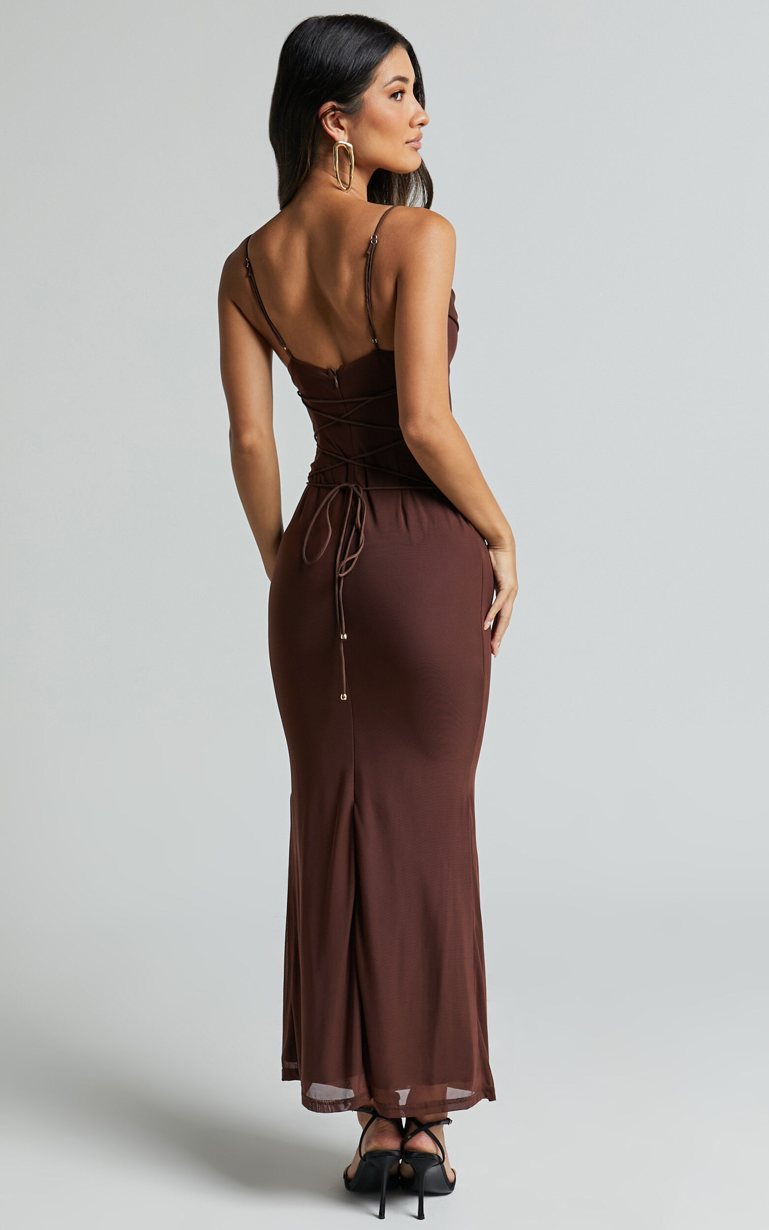 Ariel Midi Dress - Mesh Bodycon Tie Detail Dress in Chocolate