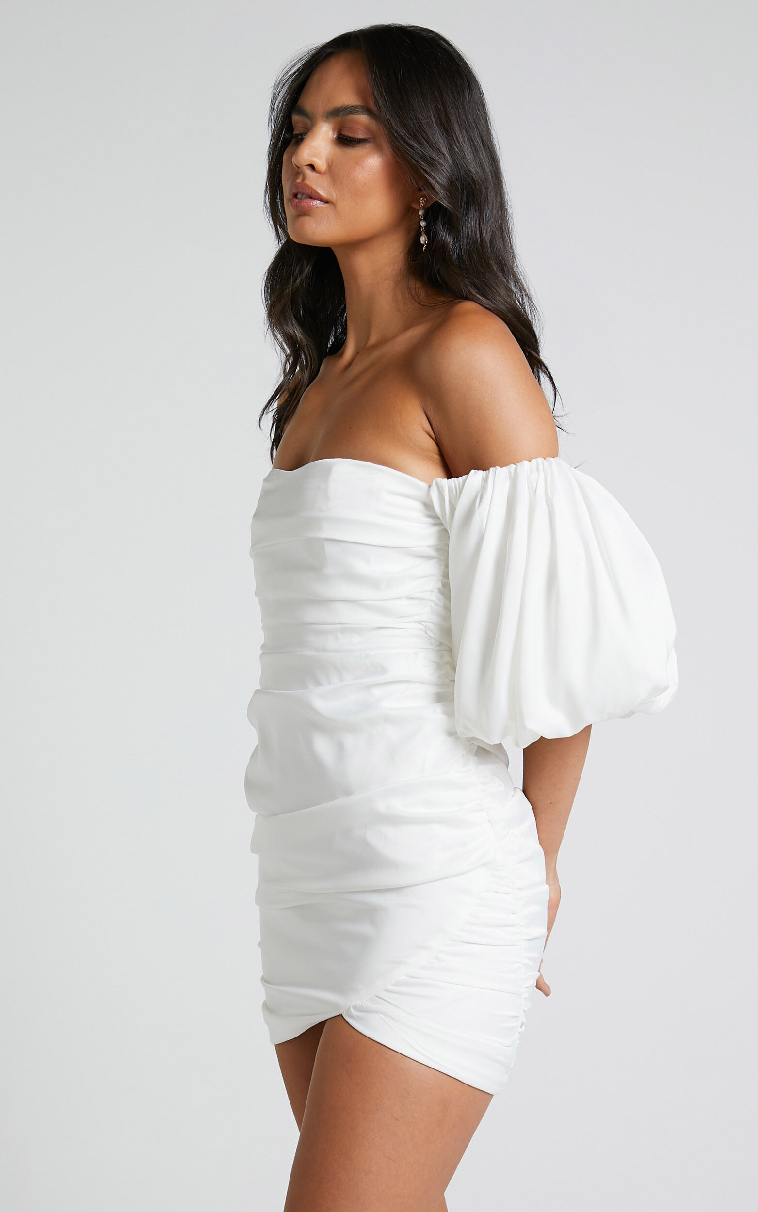 Betty Mini Dress - Off Shoulder Puff Sleeve Gathered Dress in White