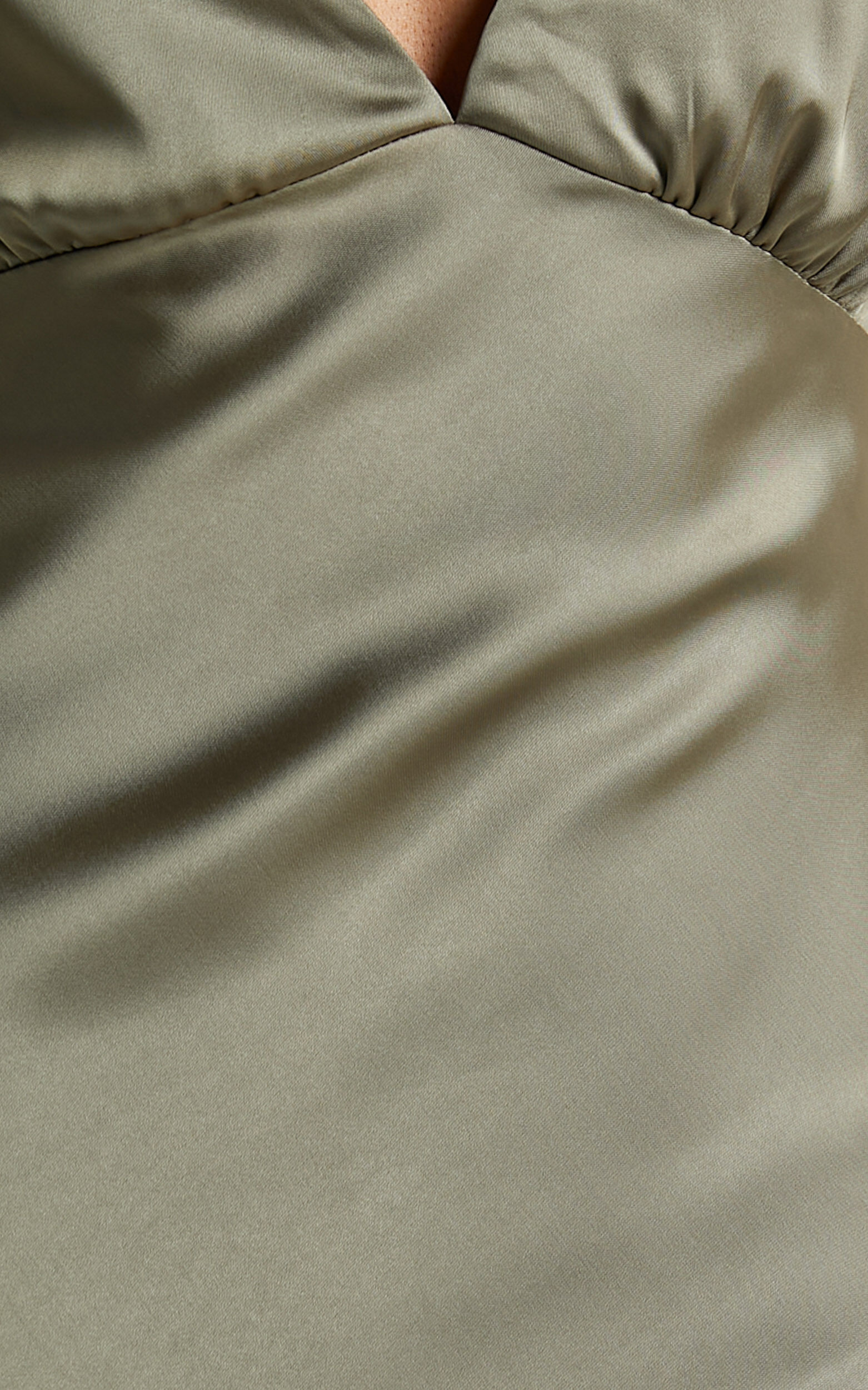 Khalani Midi Dress - Deep V Neck Satin Slip Dress in Dark Olive