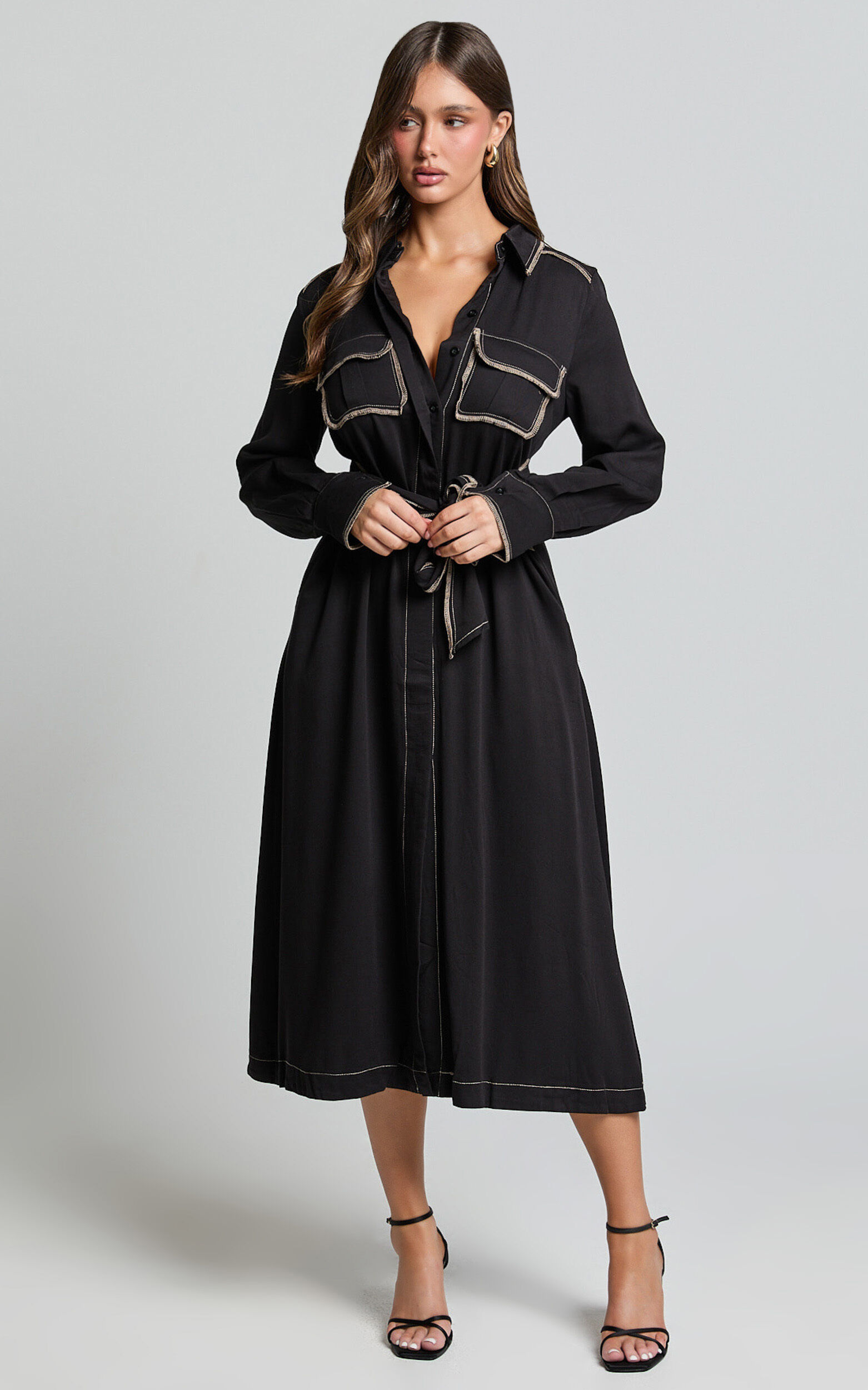 Ally Midi Dress - Collared Button Through Long Sleeve Tie Dress in Black