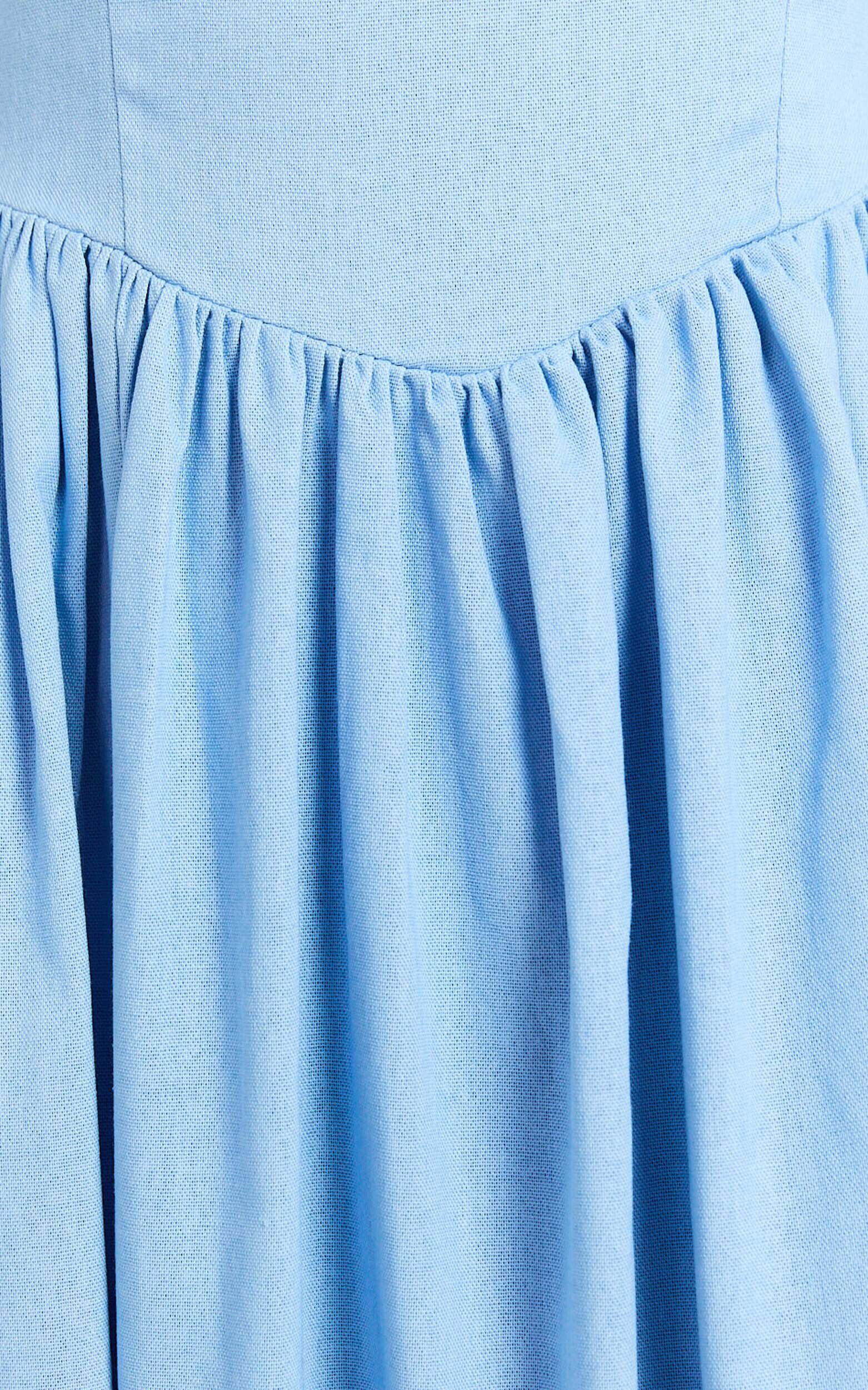 Morris Midi Dress - Linen Scoop Neck Gathered Dress in Blue
