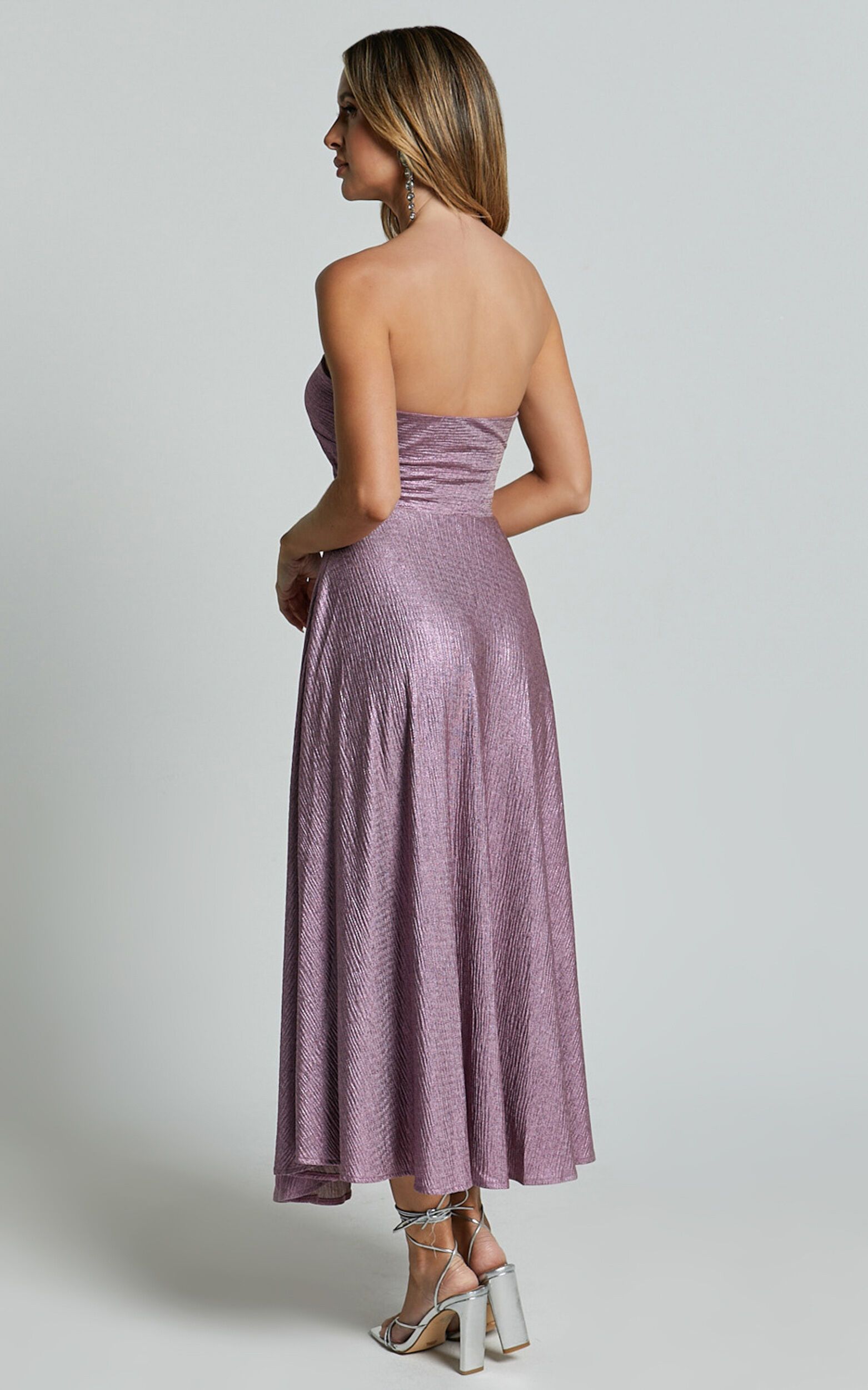 Effie Midi Dress - Strapless Twist Front Metallic Dress in Pink