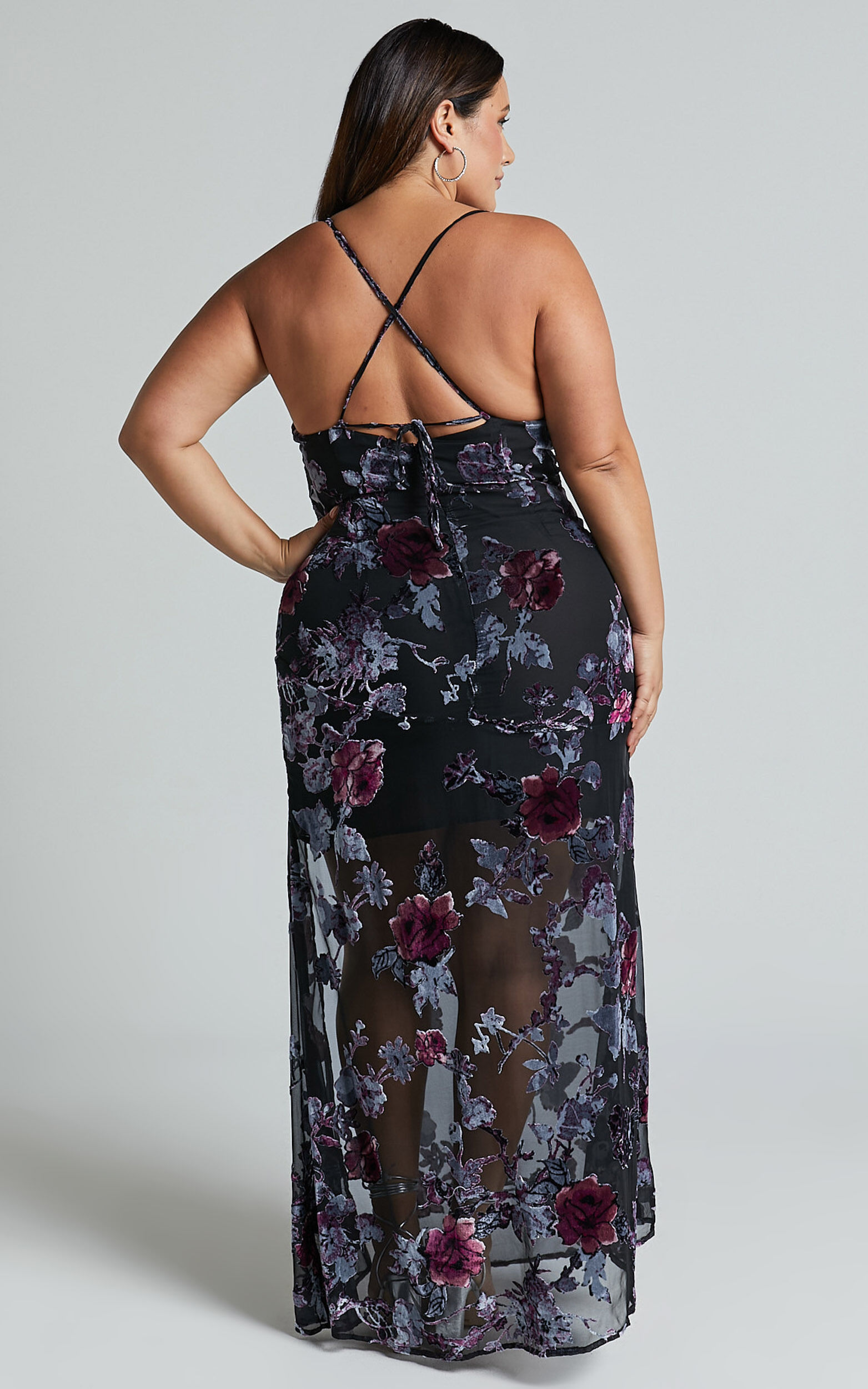 Aletta Maxi Dress - Cowl Cross Back Dress in Purple Haze Burnt Out Floral