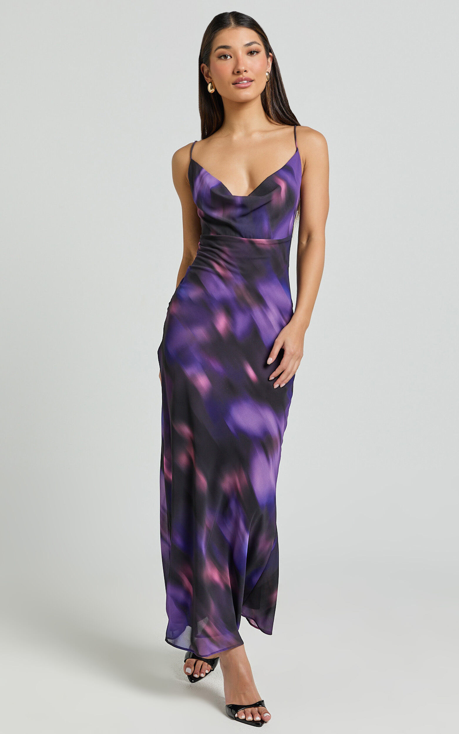 Susie Midi Dress - Recycled Strappy Cowl Slip Dress in Violet Night Print