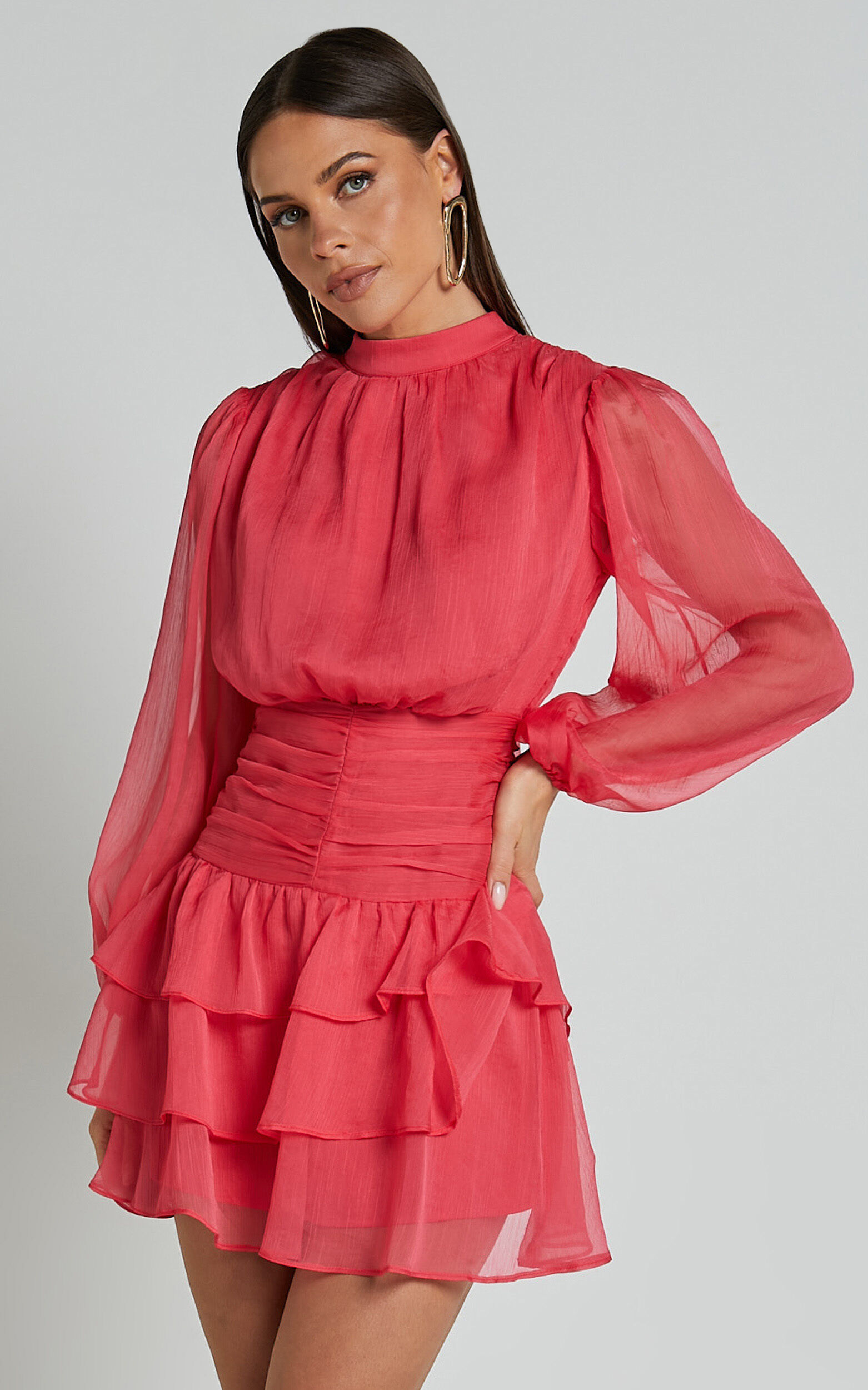 Charlize Mini Dress - High Neck Long Sleeve Layered Dress in Coral