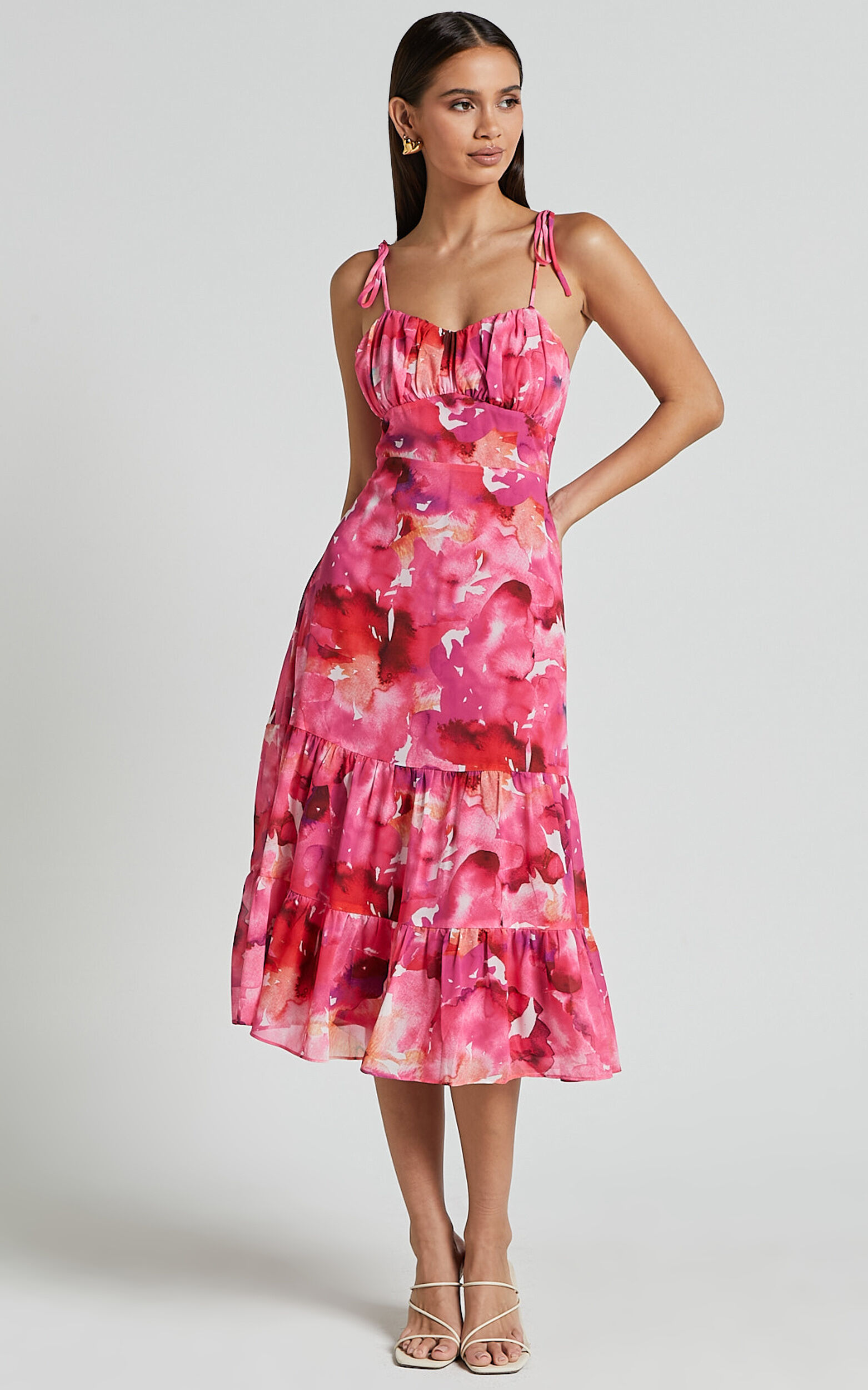 Marina Midi Dress - Tie Shoulder Ruched Bust Dress in Evie Print