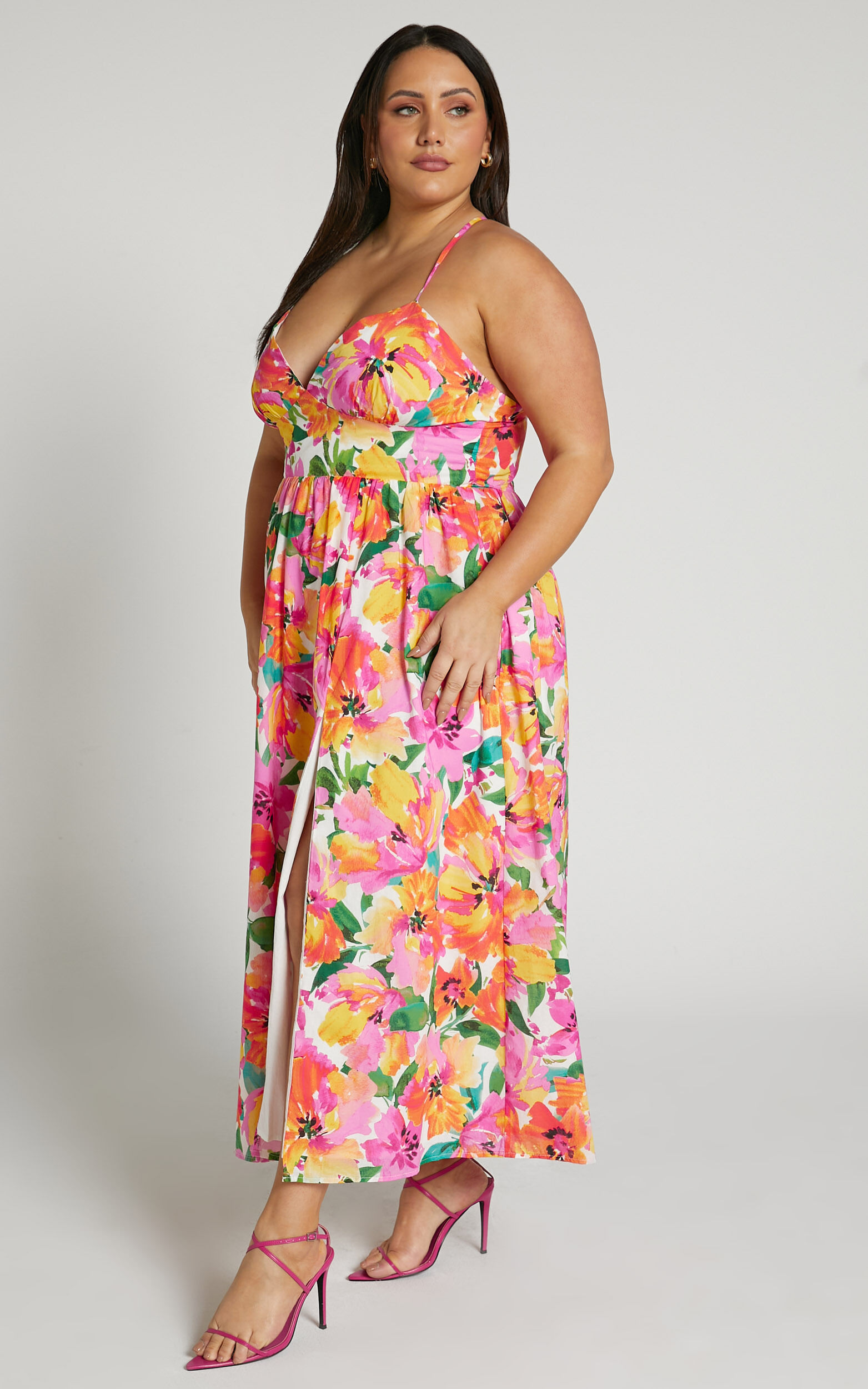 Shairah Midi Dress - Cross Back Gathered Sweetheart Dress in Bloom