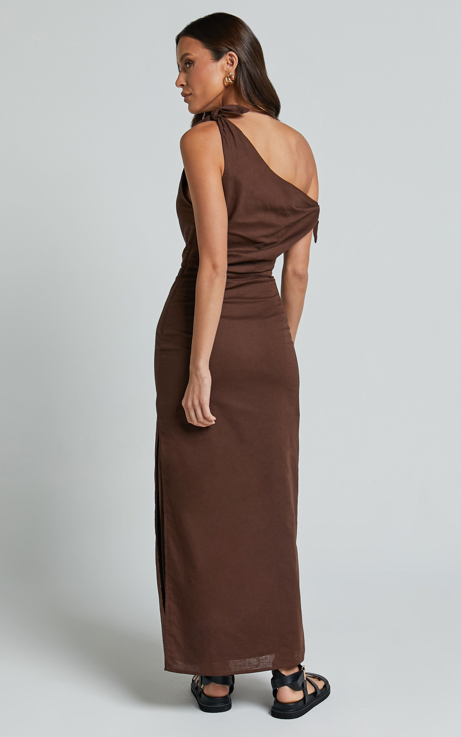 Cincinnati Midi Dress - Off The Shoulder Side Split Column Linen Dress in Chocolate