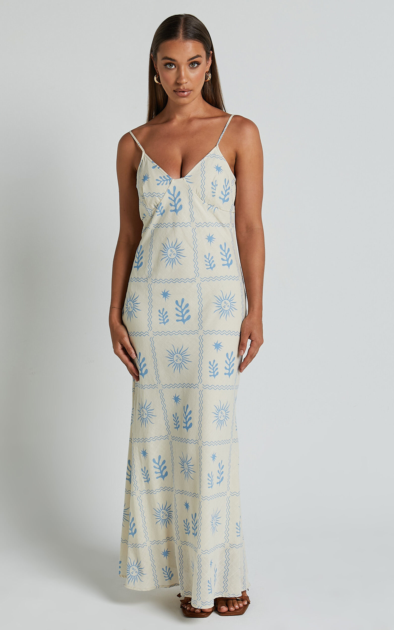 Zinnia Midi Linen Dress - Strappy Linen Slip Dress in Beige/Blue Border Print