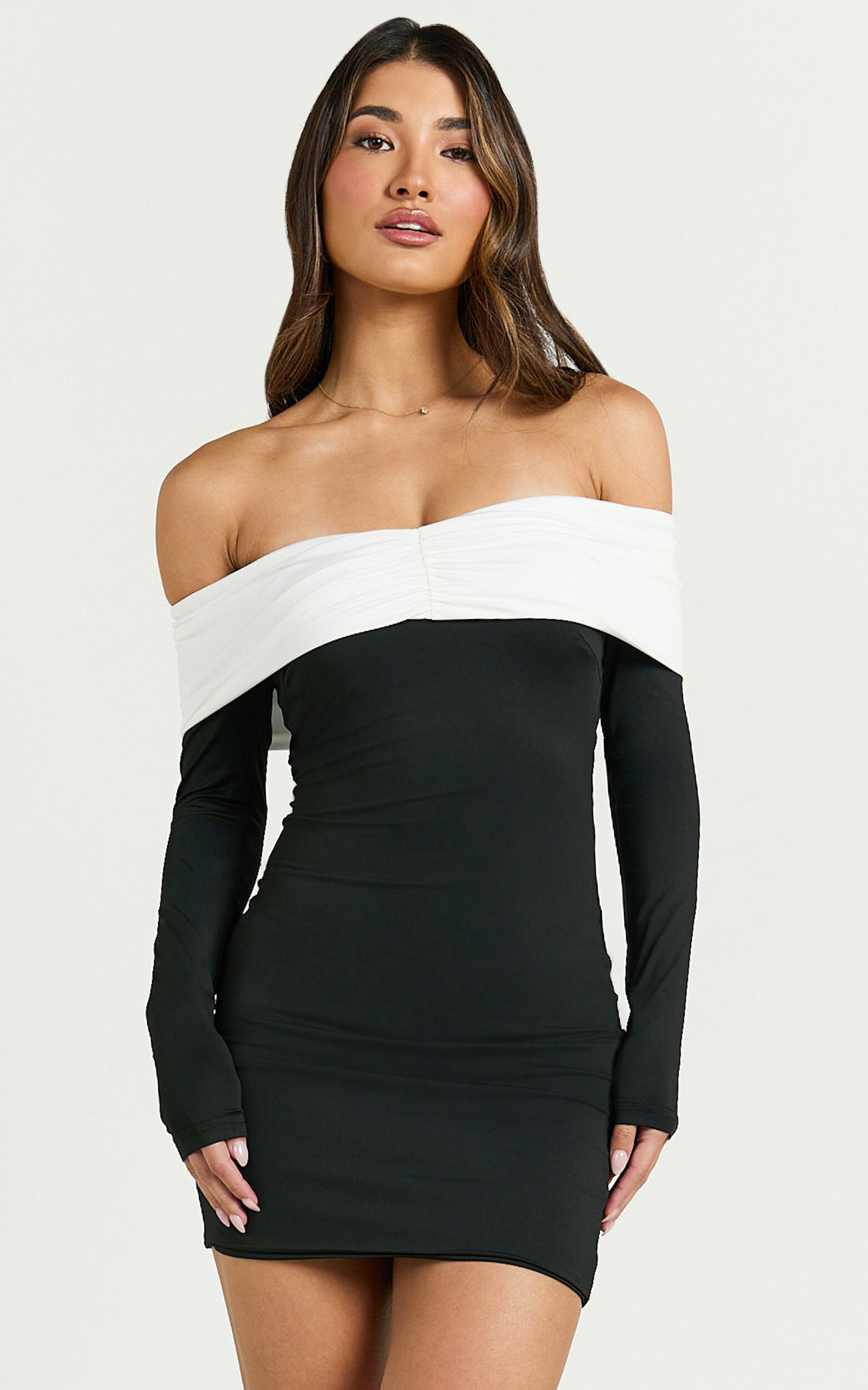 Amalita Mini Dress - Off Shoulder Contrast Long Sleeve Dress in Black & White