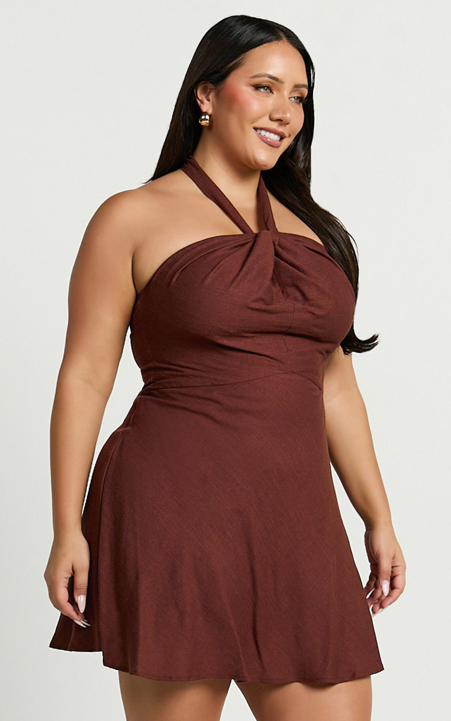 Louie Mini Dress - Linen Halter Neck Dress in Chocolate