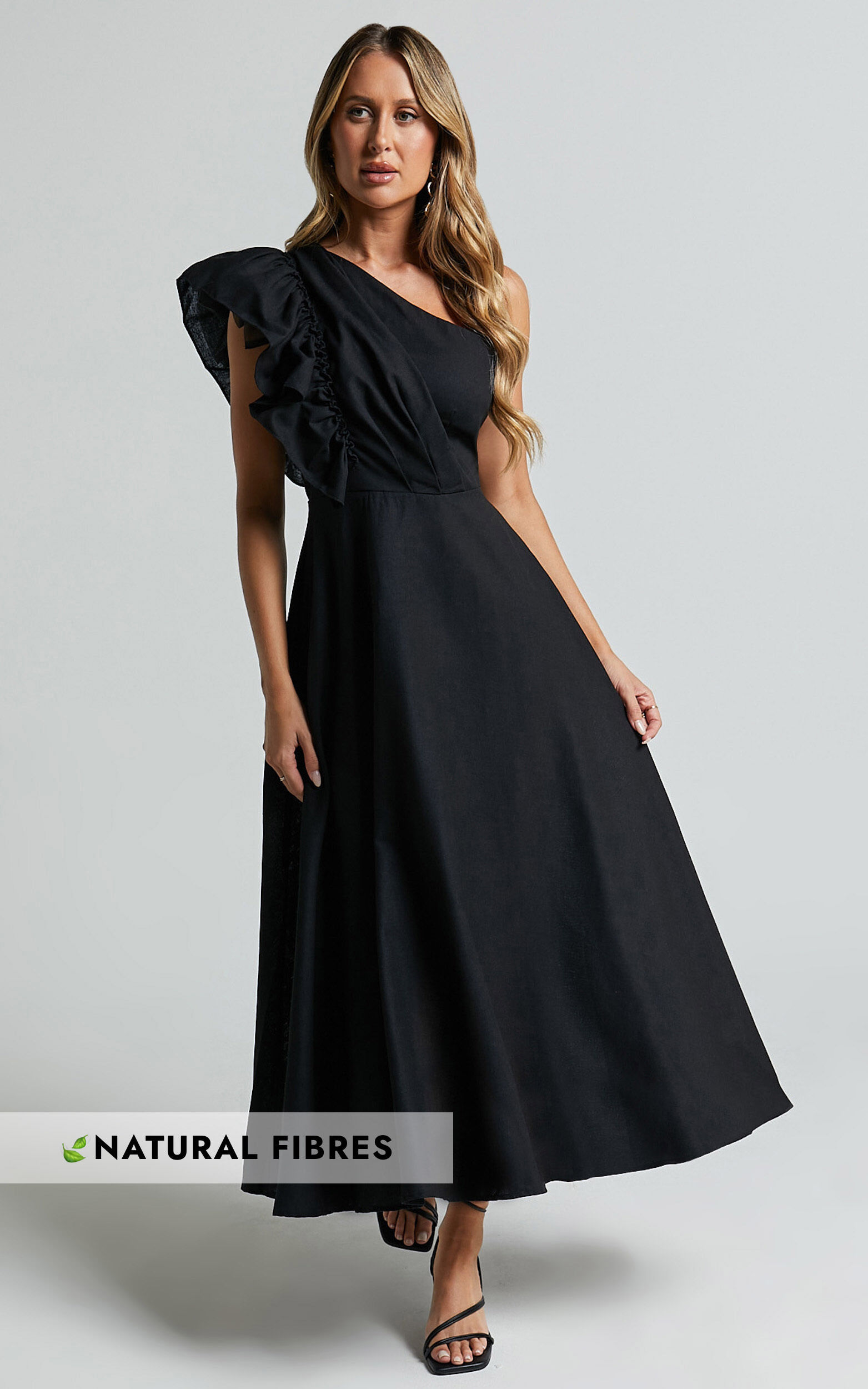 Dixie Midi Dress - Linen Look One Shoulder Ruffle Dress in Black