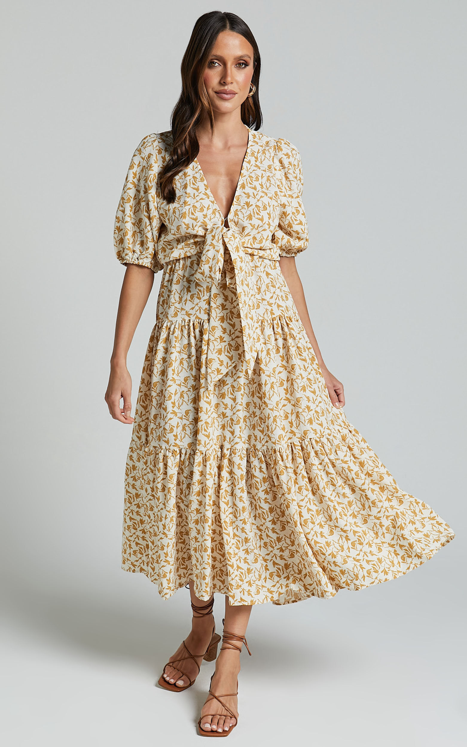 Alena Midi Dress - Short Puff Sleeve Tie Front Tiered Dress in Golden Floral