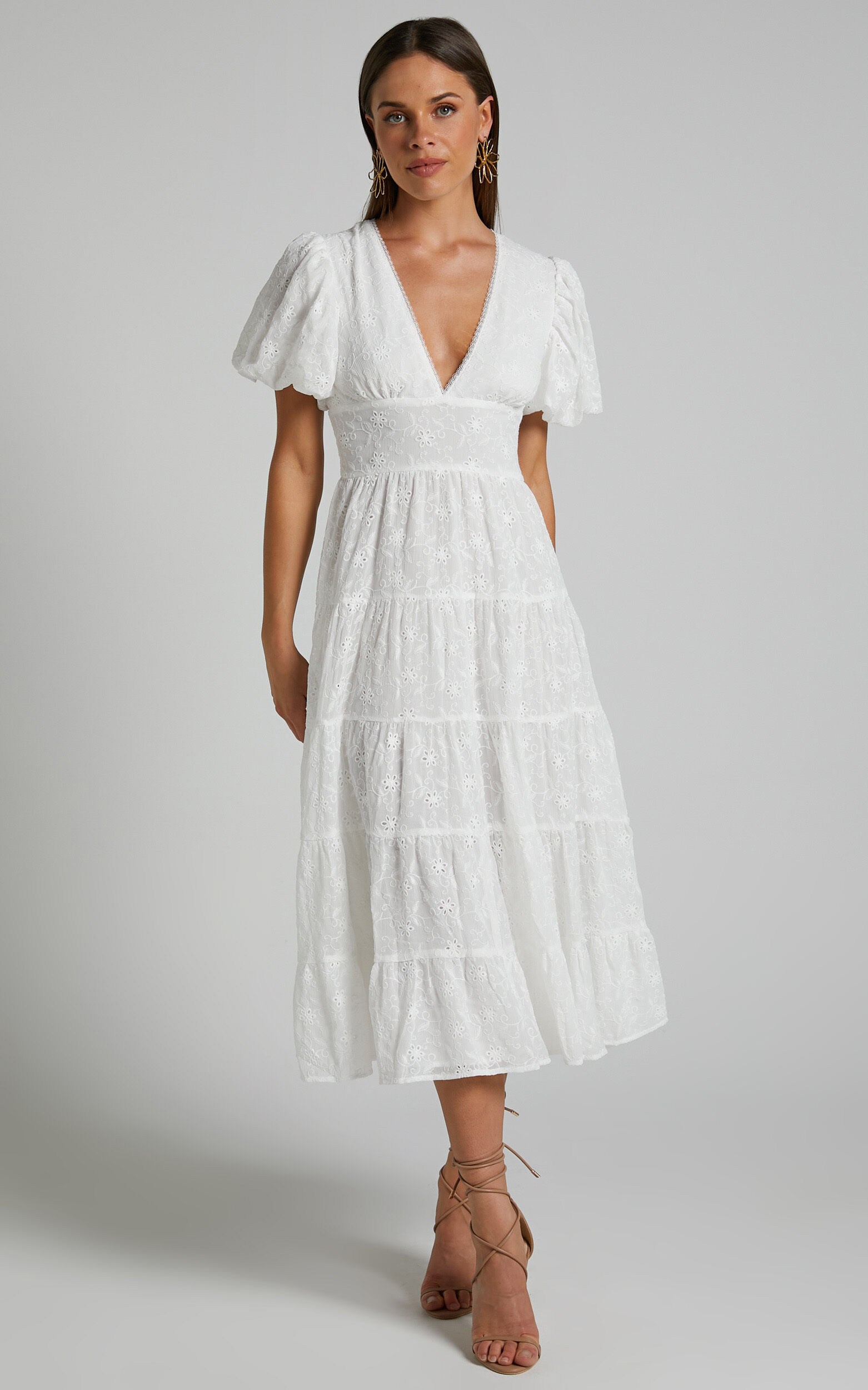 Divora Midi Dress - Plunge Balloon Sleeve Tiered Dress in Ivory