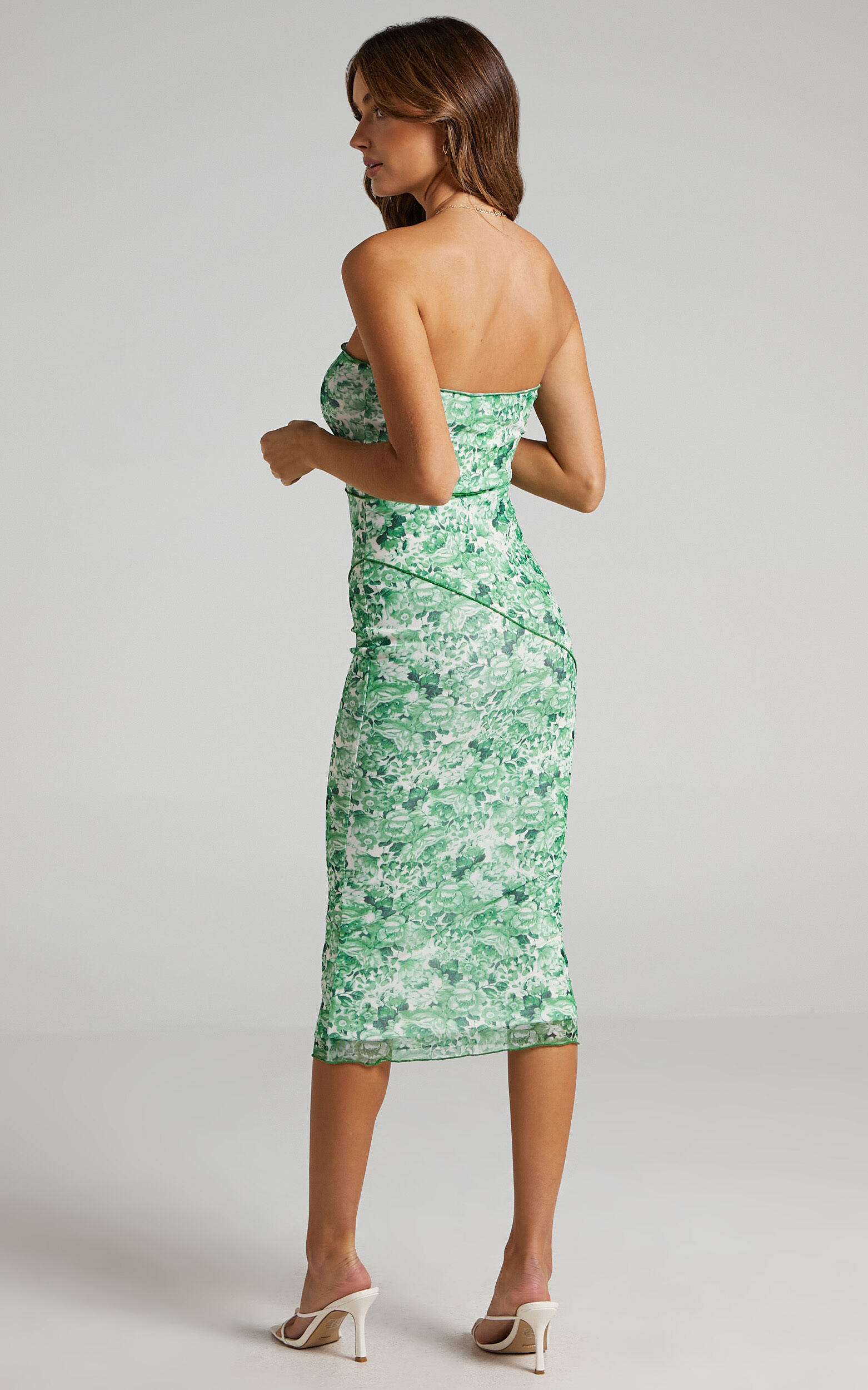 Brunetta Midi Dress - Strapless Mesh Dress in Green Furnishing Florals