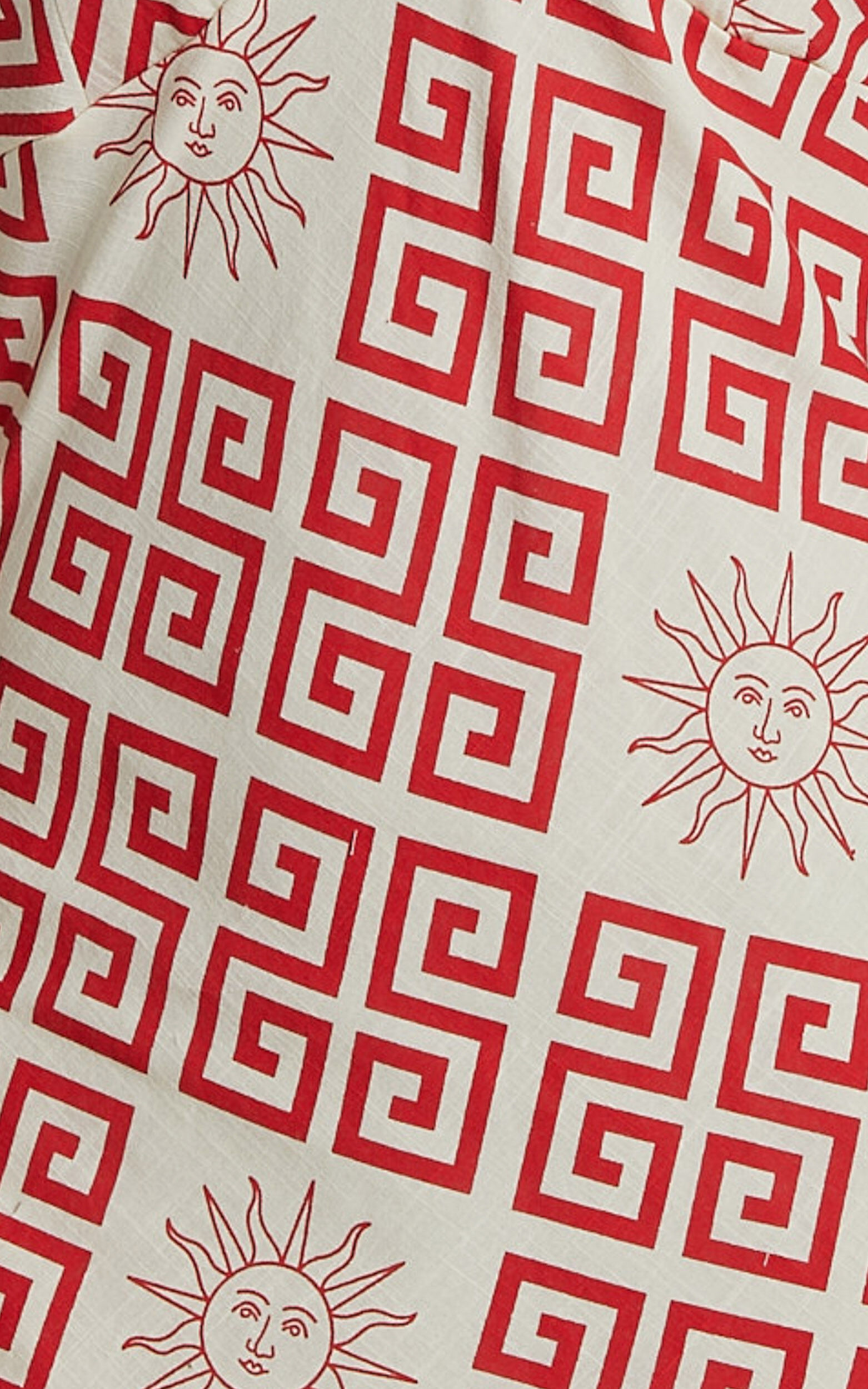 Zinnia Midi Linen Dress - Strappy Linen Slip Dress in Beige/Red Greek Sun Print