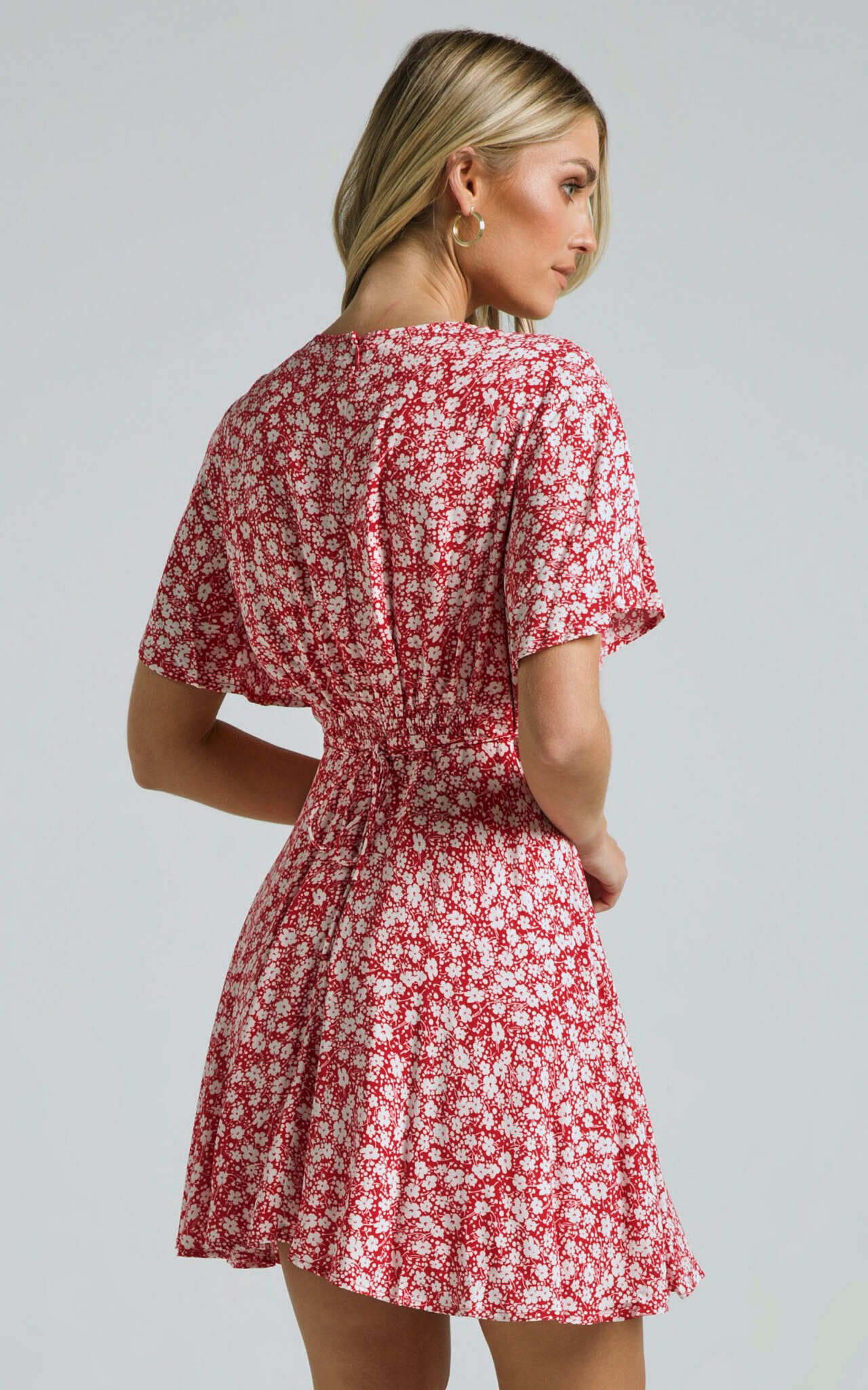 Kharry Mini Dress - Button Through Short Flutter Sleeve Waist Tie in Red Floral