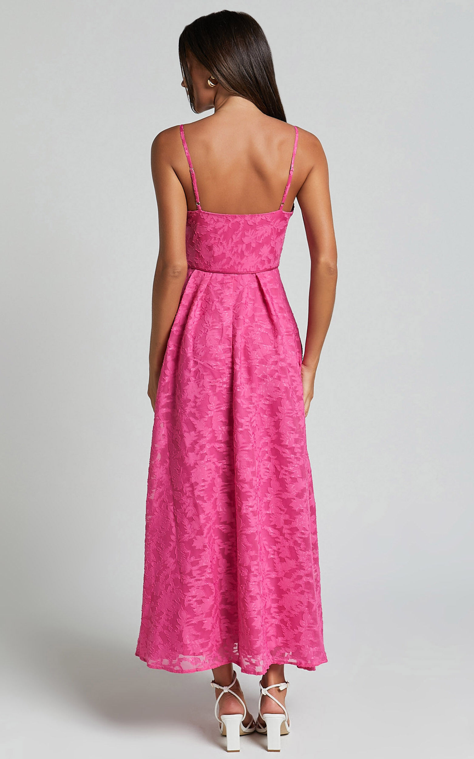 Philine Midi Dress - Jacquard Plunge Fit and Flare Dress in Pink