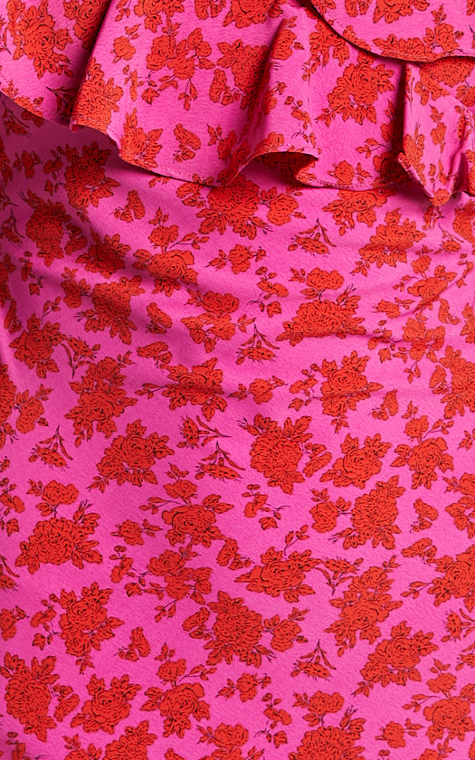 Giulia Midi Dress - One Shoulder Frill Detail Dress in Pink Floral