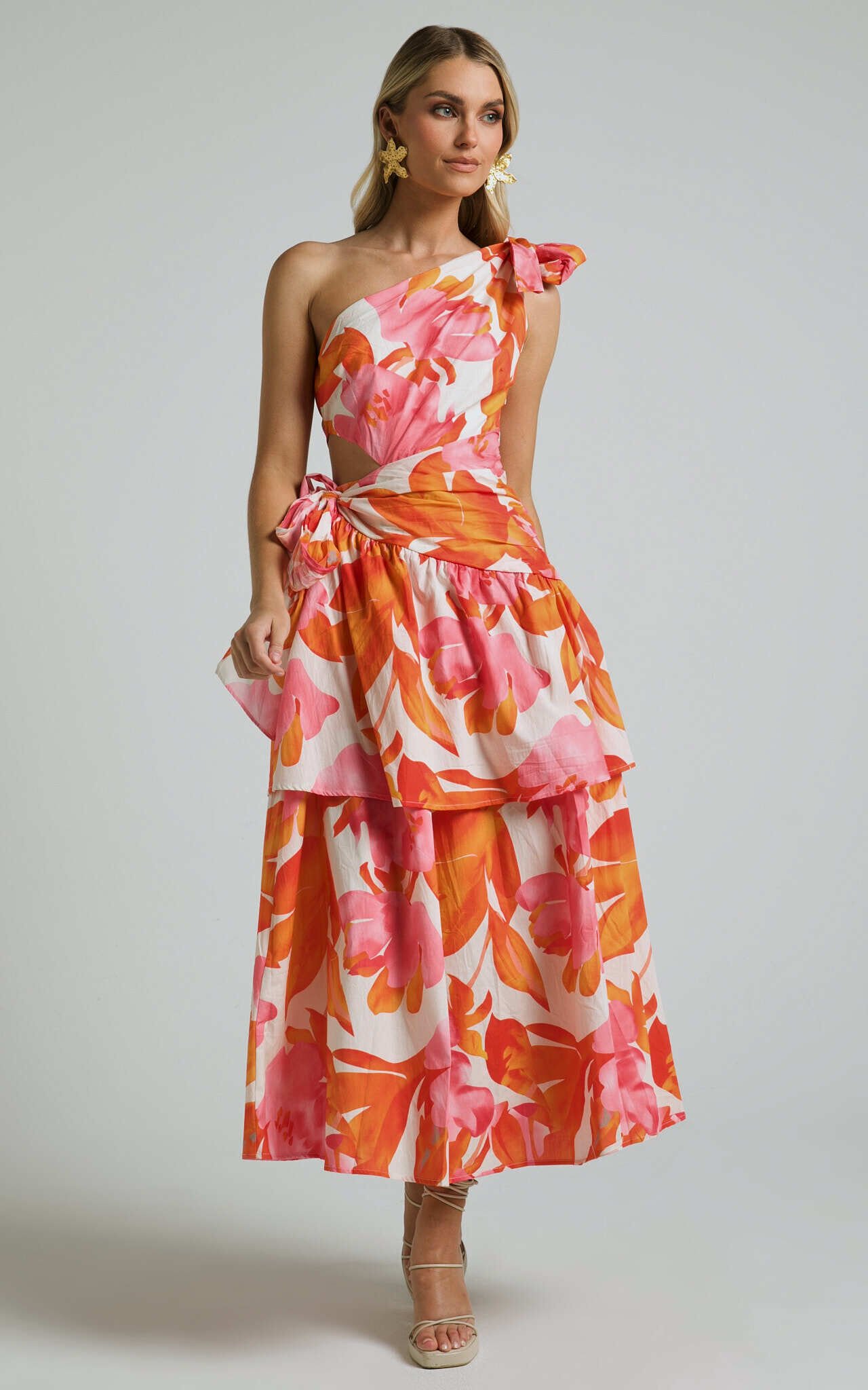 Honolulu Midi Dress - One Shoulder Tiered Dress in Orange Floral